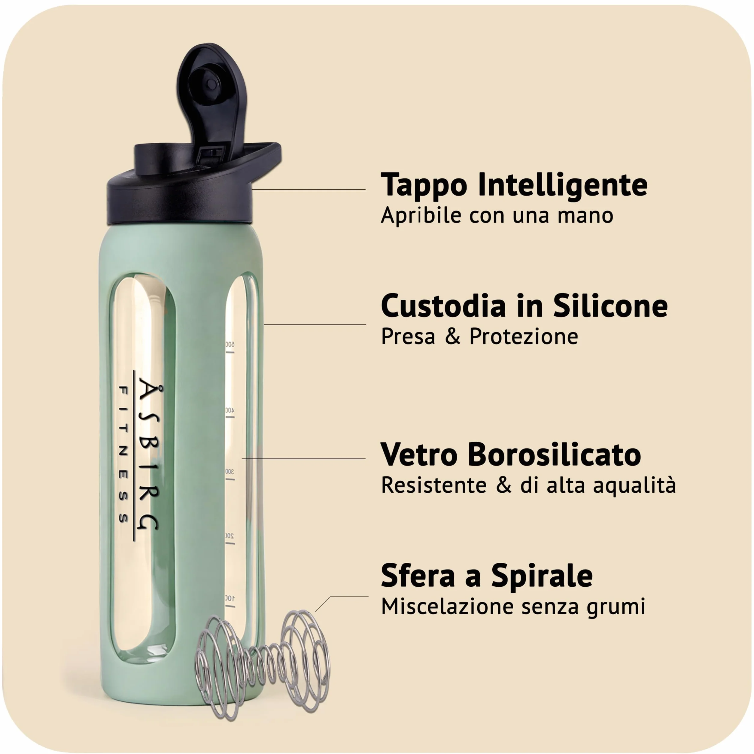 Shaker Proteine in Vetro 700 ml – Senza BPA, a Prova di Perdite & Robusto – Shaker per Proteine con Palla Mixer in Vetro Borosilicato – Bottiglia per Frullati e Sport | Verde Pastello