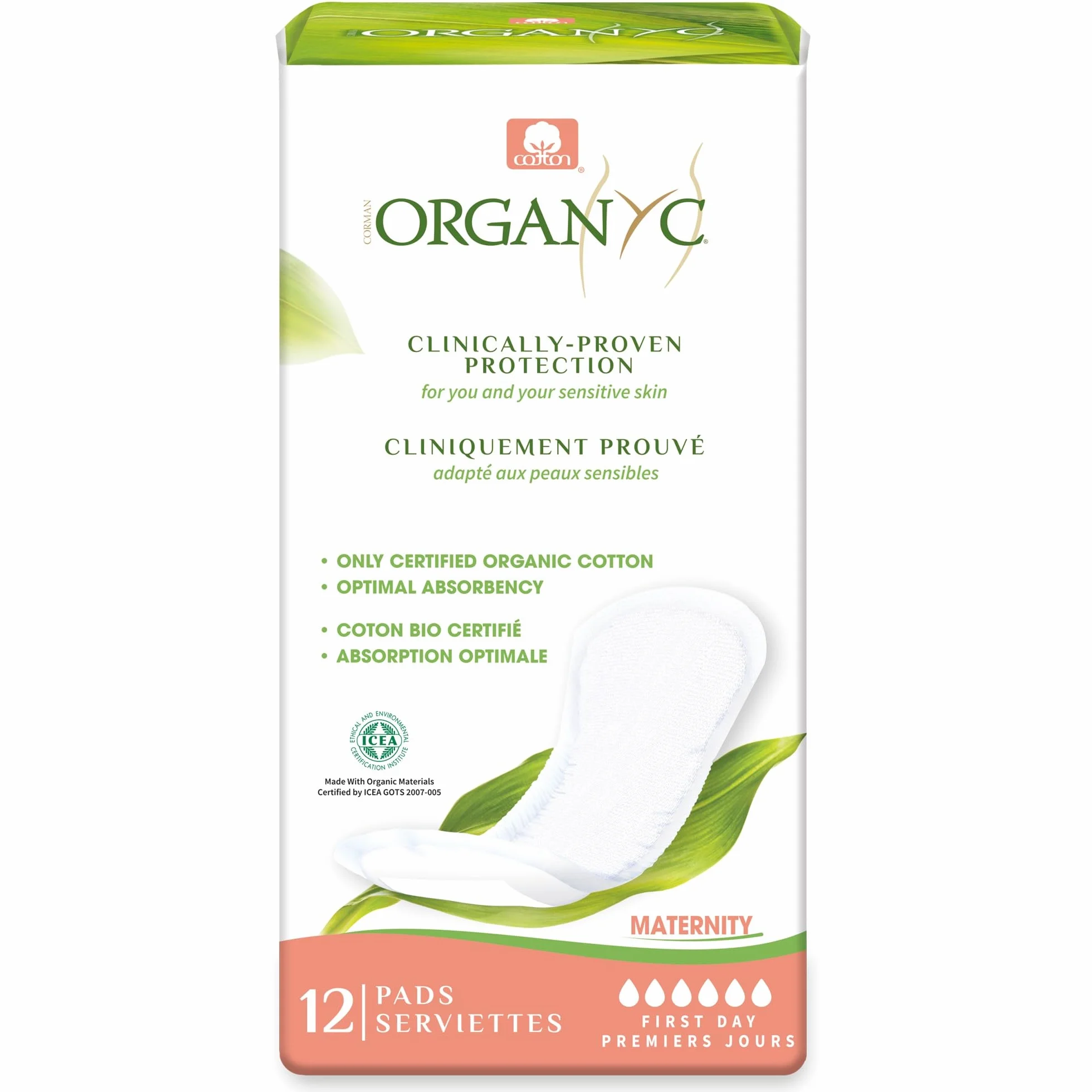 Organyc Assorbenti Post Parto per Ospedale – Primi Giorni Dopo il Parto, Ripiegati – 12 Pezzi – in 100% Cotone Biologico Certificato, Delicati per Pelli Sensibili