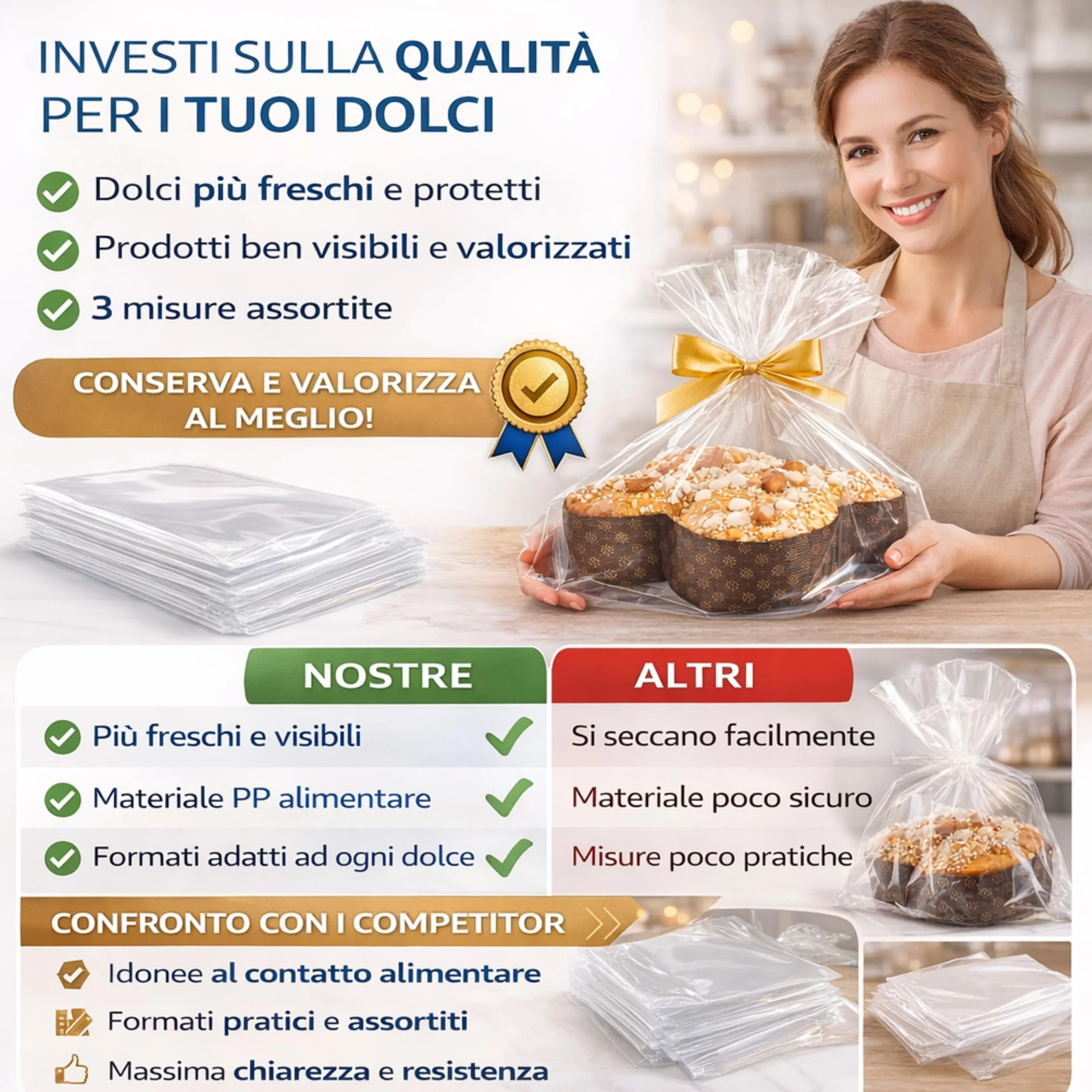 50 Buste Trasparenti Per Confezioni Alimentari in Polipropilene PP, IDEALE PER: Colomba, Panettone e Pandoro, Idonee al Contatto Alimentare, Alta Trasparenza, (50 Buste Porta Colombe, 35 x 43 cm)
