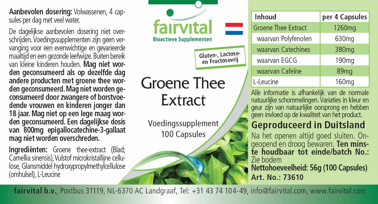 fairvital Estratto di tè verde, 100 capsule, facili da deglutire, polifenoli, catechine, EGCG e caffeina, ALTO DOSAGGIO, VEGANO, Camellia sinensis