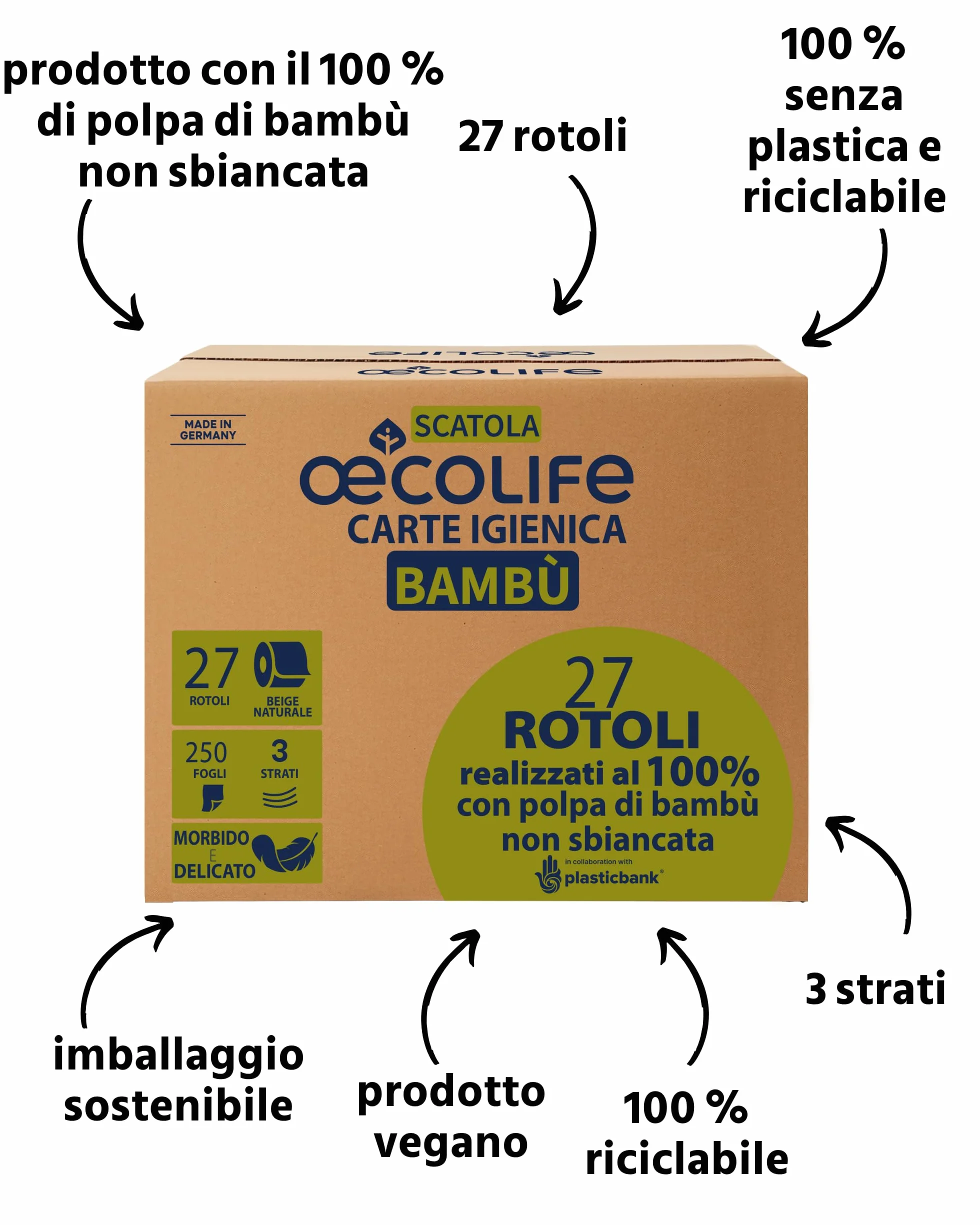 Oecolife scatola di carta igienica in bambù 3 strati 27 rotoli 250 fogli vegana sostenibile