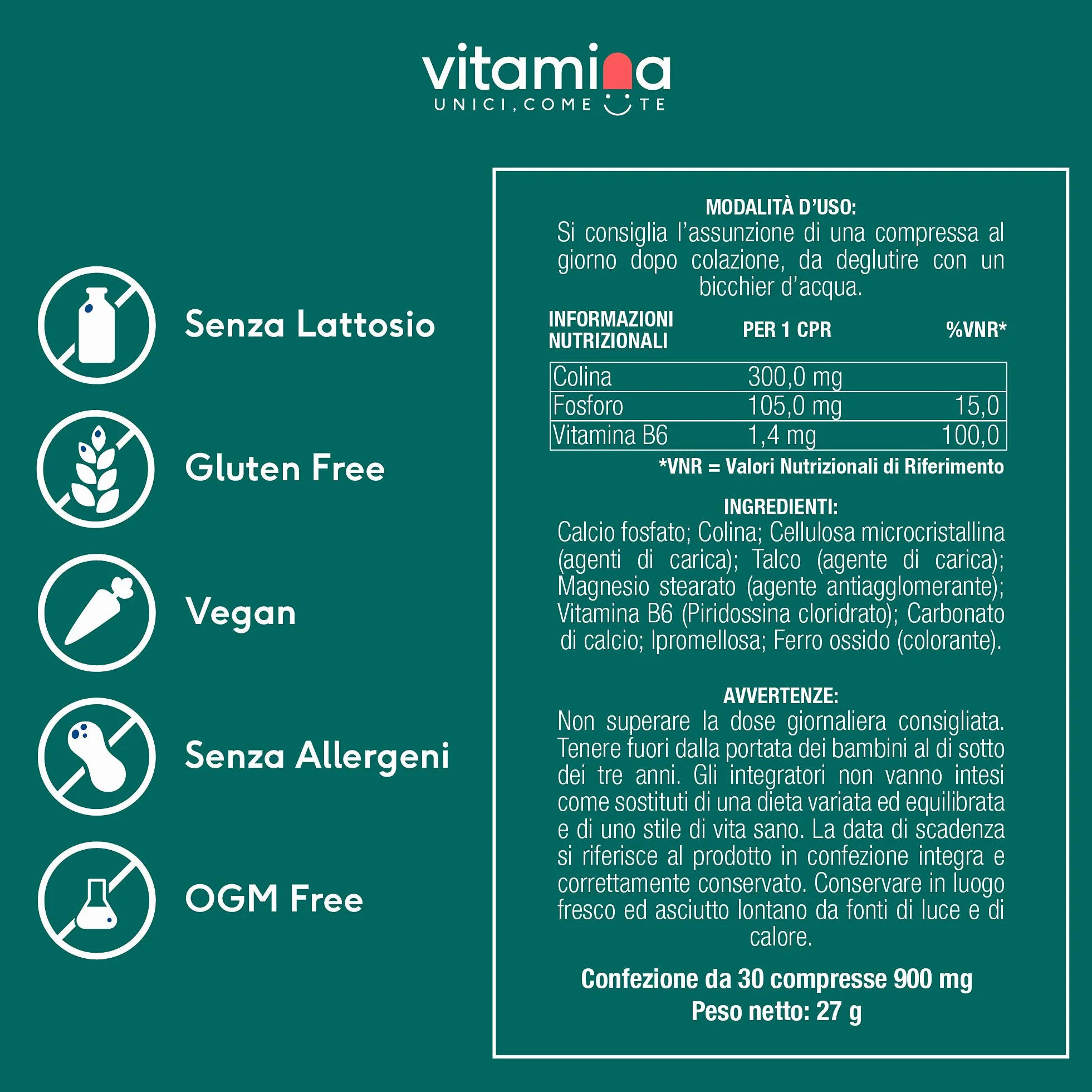 Vitamina® Colina e Fosforo con Vitamina B6 Integratore per Concentrazione Mente Memoria 30 compresse senza OGM Glutine Lattosio