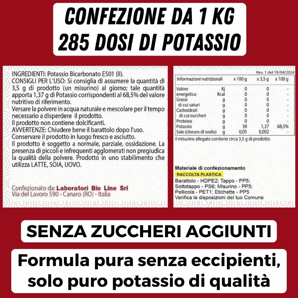 Laboratori Bio Line - Potassio Sali Minerali in Polvere (1 Kg) Bicarbonato di Potassio per Sportivi, Prodotto Alimentare