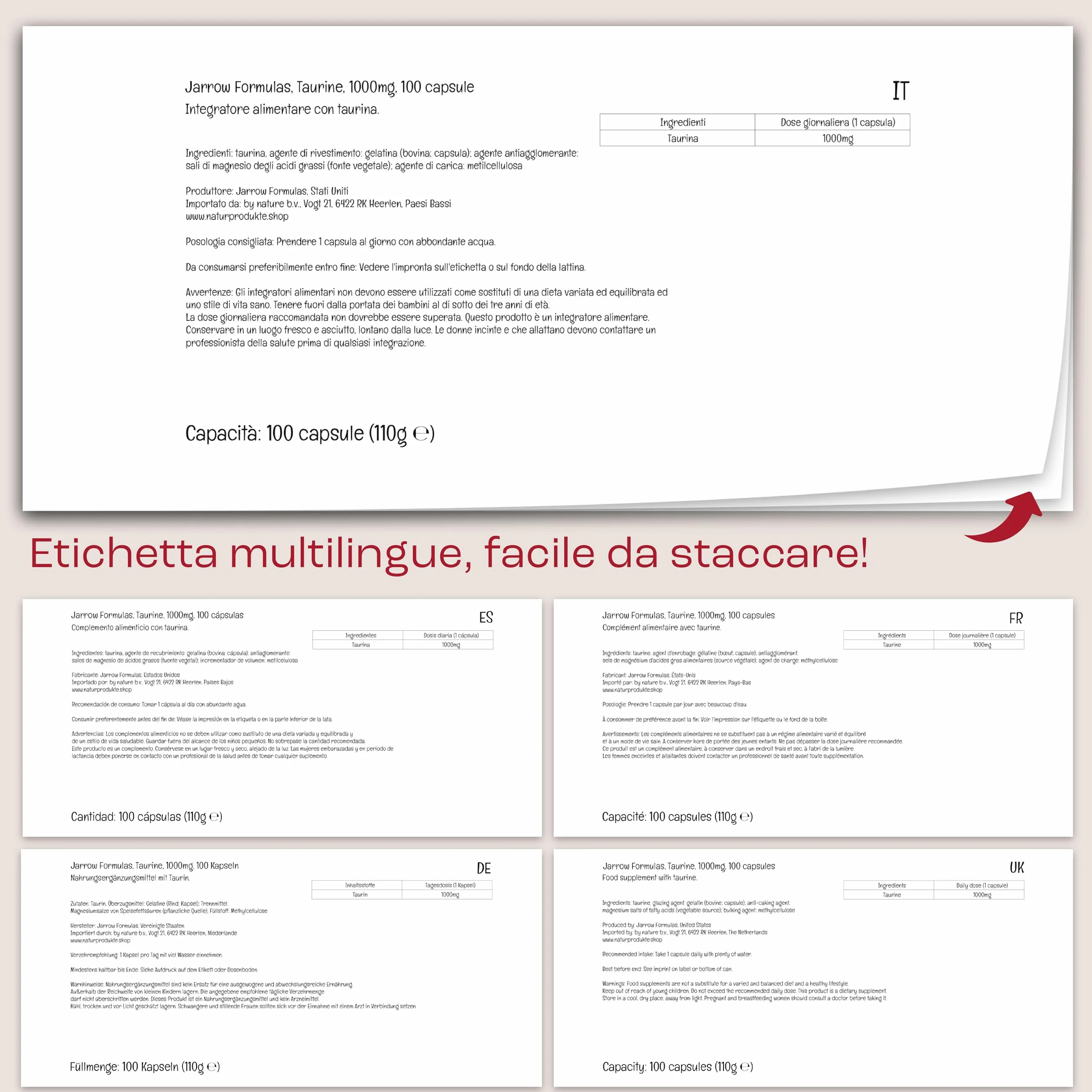 Jarrow Formulas, Taurina, 1000 mg, Alto Dosaggio, 100 Capsule, Testate in Laboratorio, Senza Glutine, Senza Soia, Non OGM