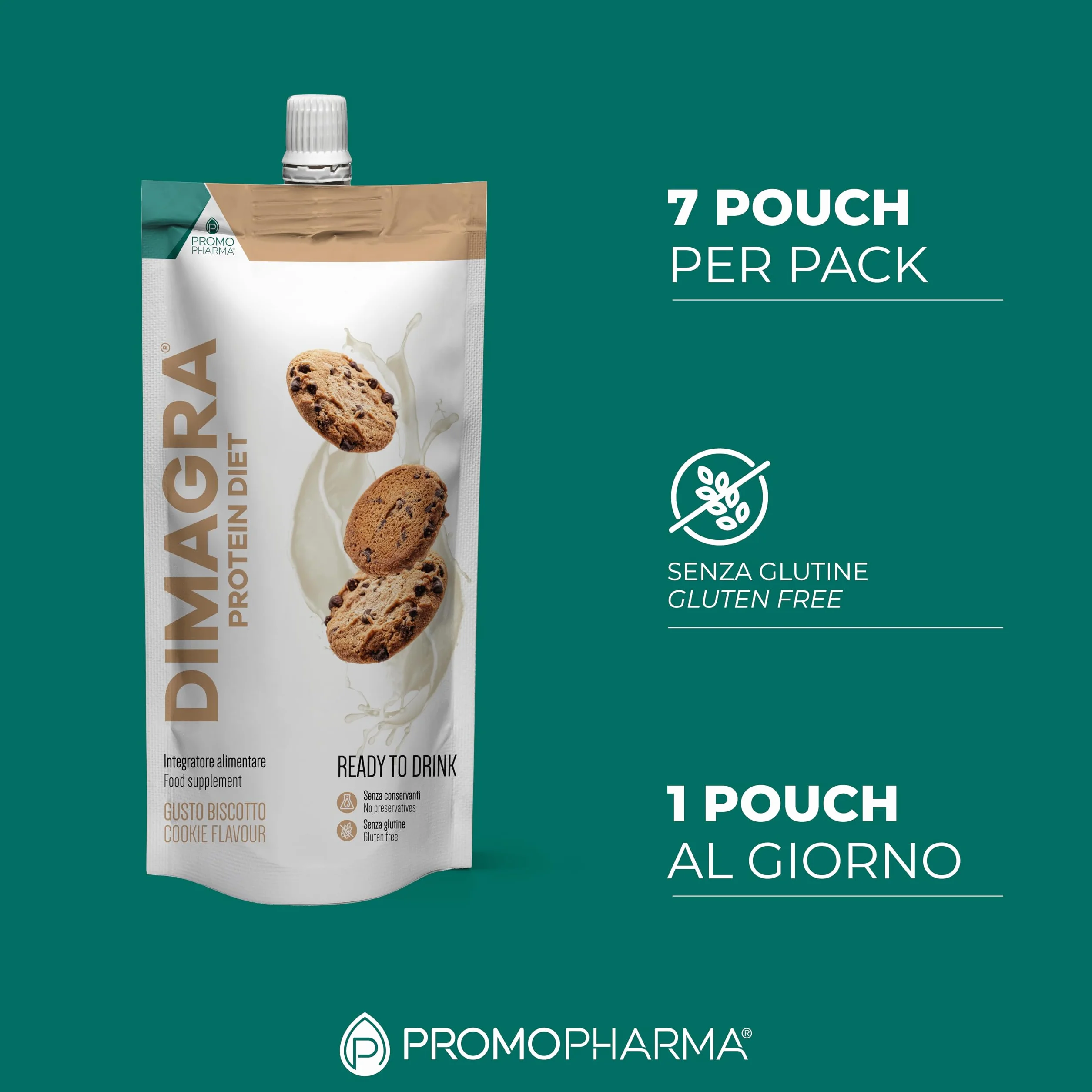 Dimagra Protein Diet - Integratore Proteico Pronto da Bere per Dieta Chetogenica e Controllo del Peso - Low Carb, Alto Contenuto Proteico - Gusto Biscotto - 7 Pouch da 220 g