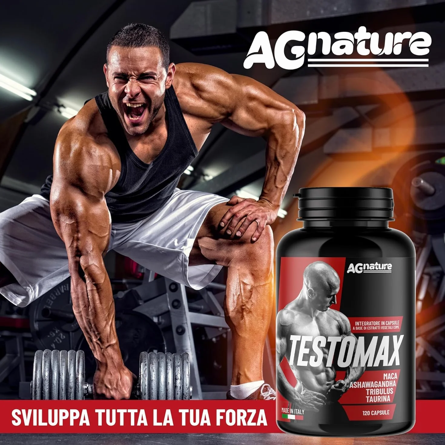 AG nature Testosterone Uomo Aumento Massa Muscolare x Palestra 120 Capsule | Integratore Forte Energizzante con Maca Peruviana, Magnesio, Zinco e Vitamina B6