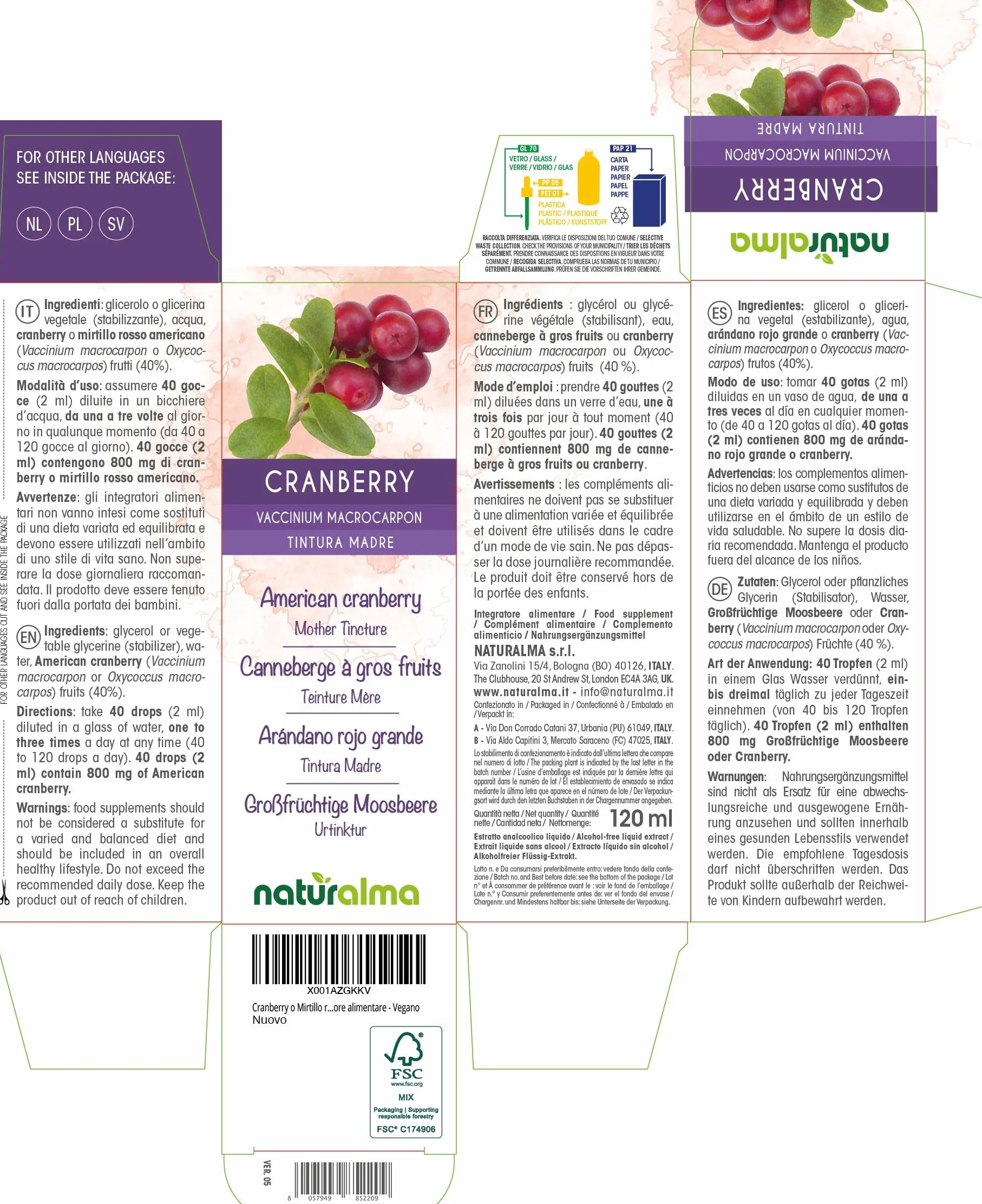 Cranberry o Mirtillo rosso americano (Vaccinium macrocarpon o Oxycoccus macrocarpos) frutti Tintura Madre analcoolica Naturalma - Estratto liquido gocce 120 ml - Integratore alimentare - Vegano