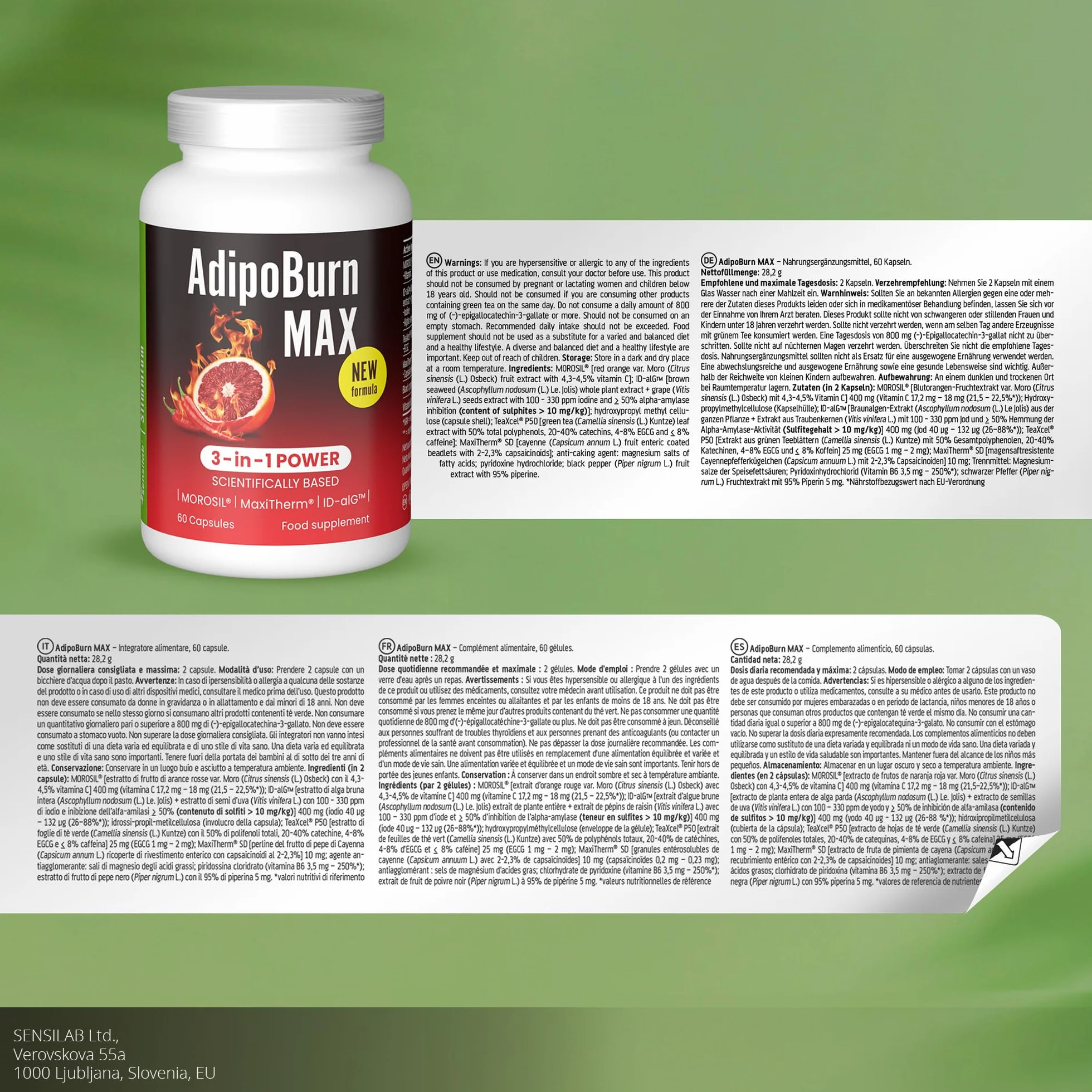 Morosil 400 mg, Alga bruna, Vitamina C, Iodio, Tè verde, Pepe di cayenna, Vitamina B6 - Slimmium AdipoBurn MAX, 60 capsule di Sensilab