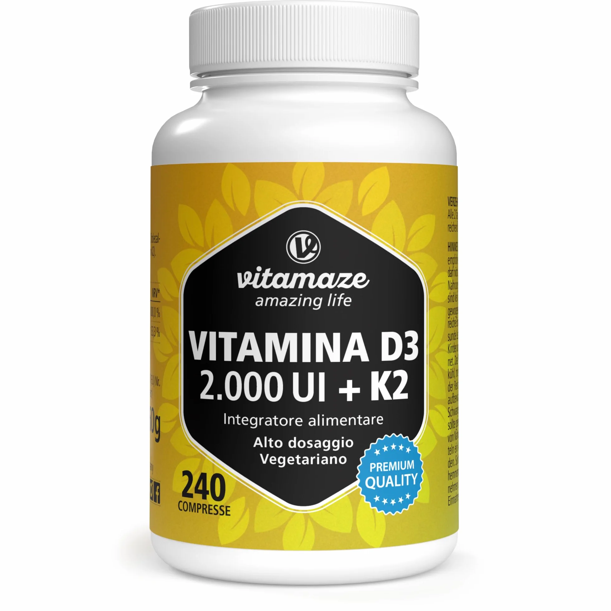 Vitamina D3 K2, 8 Mese, 240 Piccole Compresse, Alto Dosaggio Vitamina D3 e 100 mcg Vitamina K2, Elevata Biodisponibilità, Ossa, Denti, Articolazioni, Sistema Immunitario, Qualitá Tedesca, Vitamaze