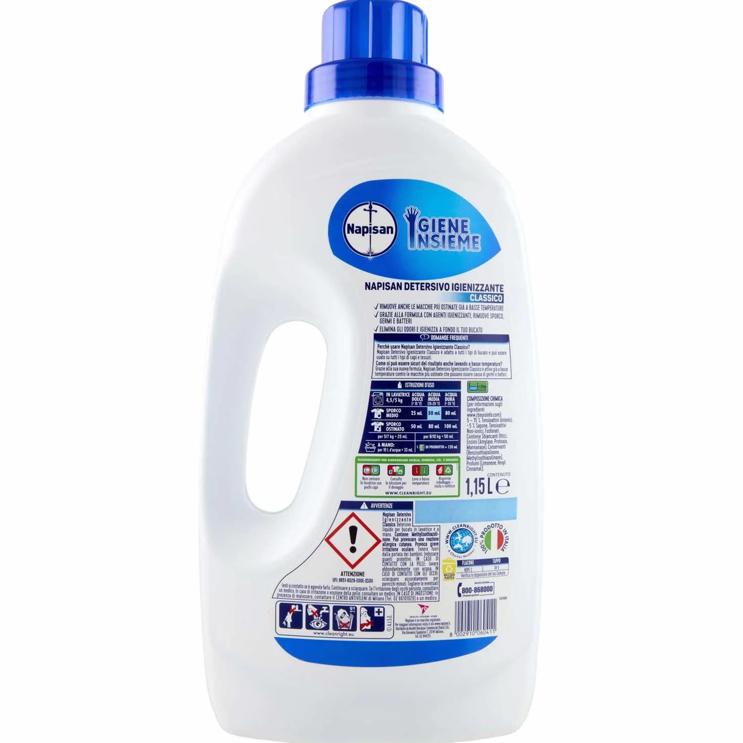Napisan Detersivo Lavatrice Liquido, Detersivo Igienizzante, Classico 3x azione, Lavaggi, Nessun Colore, 1.15 l, Senza Profumazione. da 23 lavaggi
