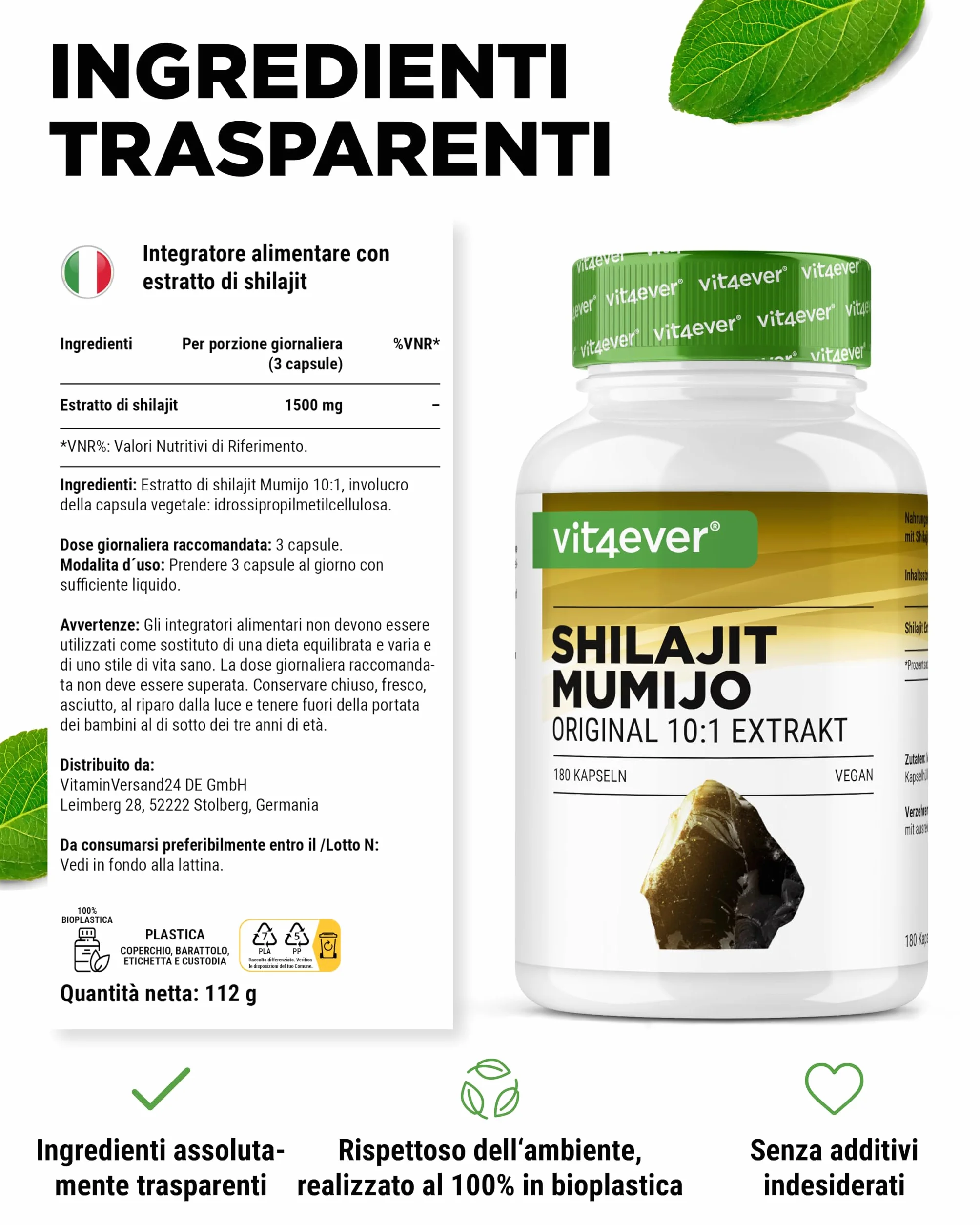 Mumijo Shilajit -180 capsule - Altamente dosato con 1500 mg per dose Giornaliera - Estratto Originale dell'Himalaya 10:1 - Senza additivi indesiderati - Vegan