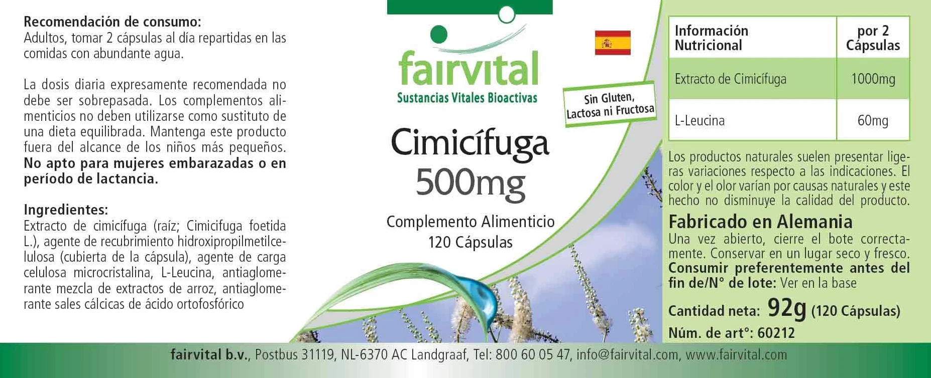 Fairvital Cimicifuga 500mg 120 capsule 1000mg per dose vegano Prodotto in Germania