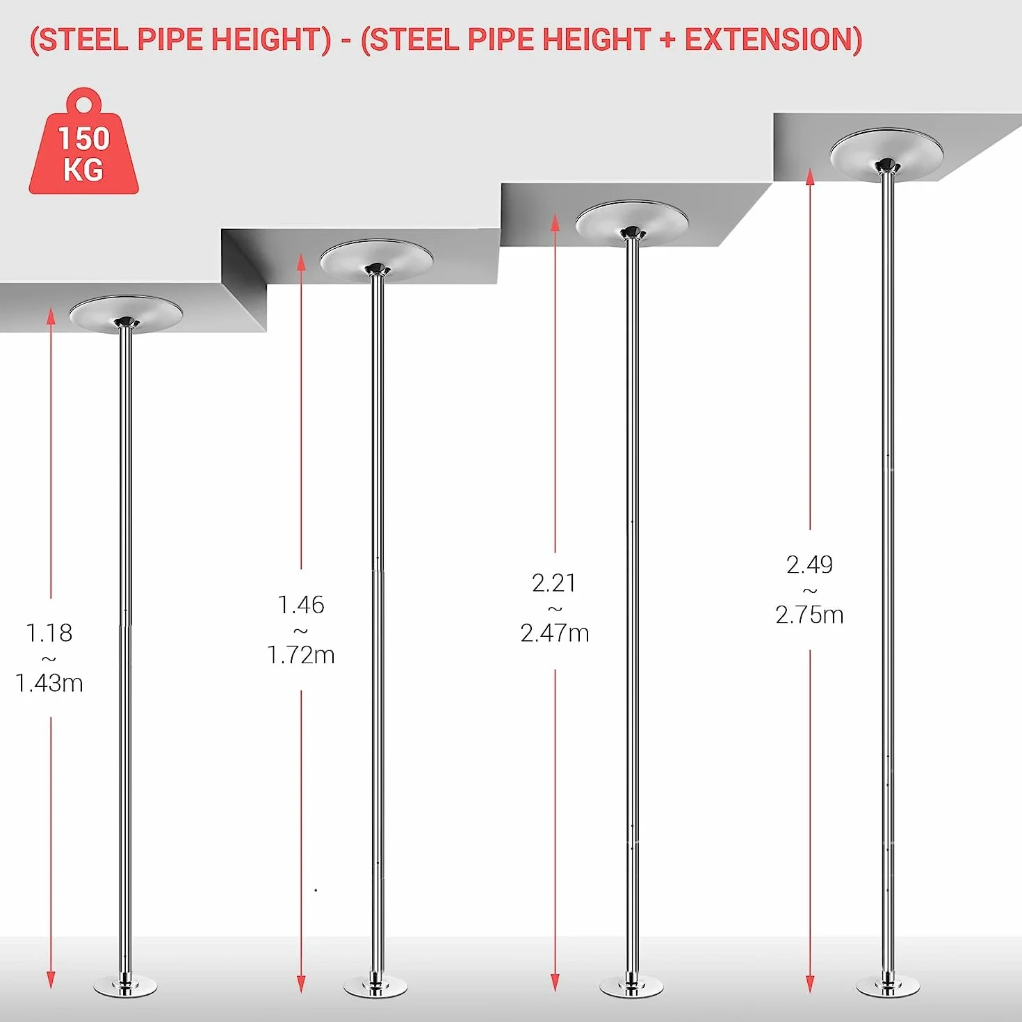 TLGREEN Palo Pole Dance da Casa 45mm Spin Static Regolabile Altezza 235-274 cm Acciaio Cromato 150 kg
