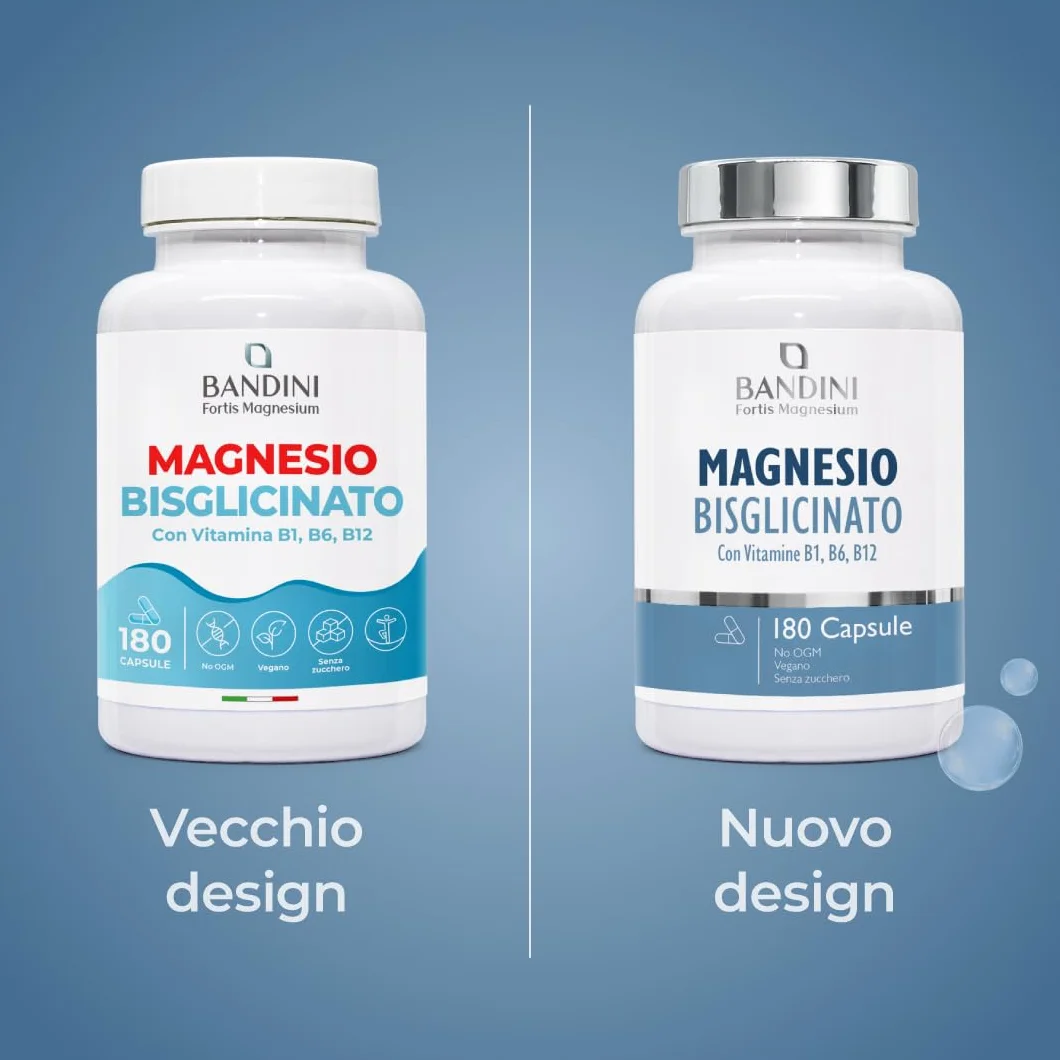 Bandini® Magnesio Bisglicinato 180 Capsule (2 mesi), 350 mg di Glicinato, Chelato per dose arricchito di Vitamina B1, B6, B12 Anti stress e fatica, Integratore per Sistema Nervoso, 100% Vegan