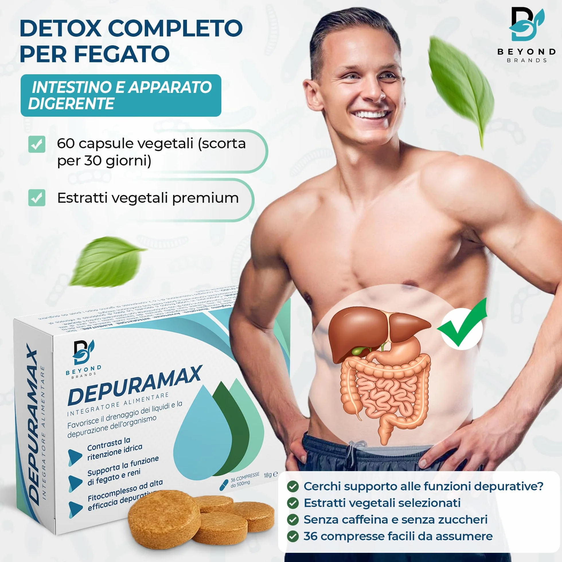 Detox Fegato e Intestino Diuretico Drenante Forte con Bromelina Betulla Tarassaco Finocchio Centella Asiatica Orthosiphon Made in Italy