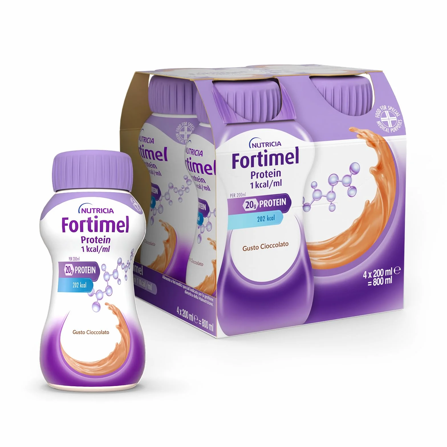FORTIMEL PROTEIN - Supplemento Nutrizionale Iperproteico (20g di Proteine per Bottiglia), utile in caso di Malnutrizione Proteica, Pronto da Bere, Gusto Cioccolato - 4 bottiglie da 200 ml