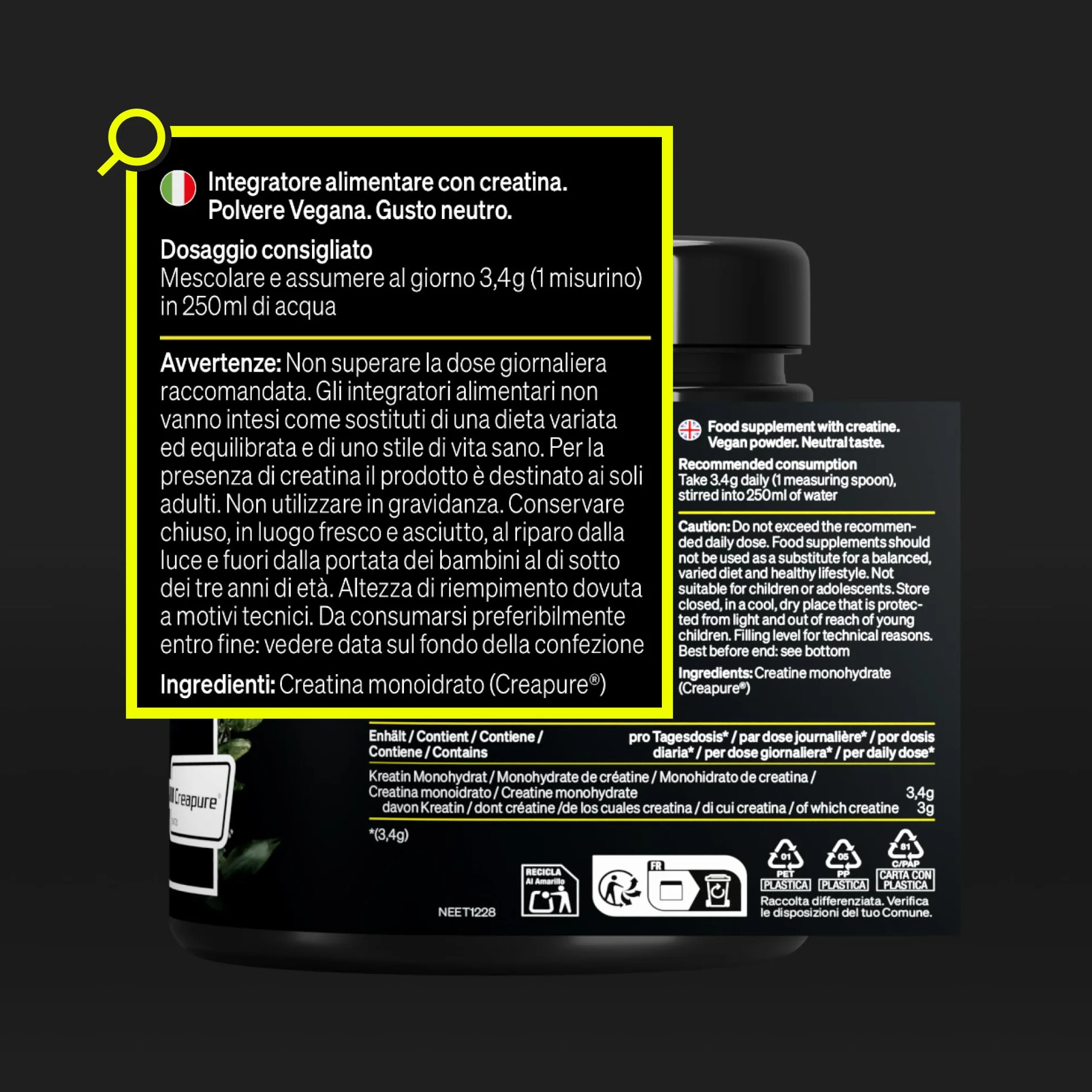 Creatina Monoidrato in Polvere - Materia prima di marca Creapure® - 147 porzioni (500 g) - Ultrafine: Mesh Factor 200 - Insapore e vegan - Polvere Pura senza Additivi Superflui - Prodotta in Germania