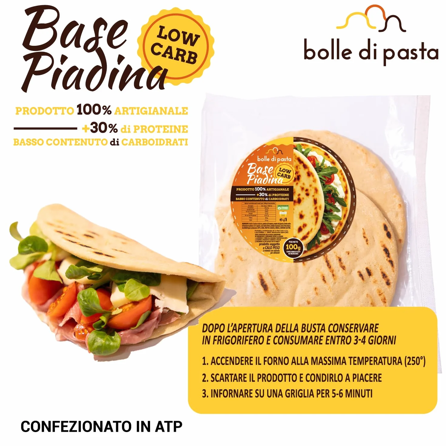 Bolle di Pasta® Base Piadina Low Carb Keto – Piadine Proteiche 100 g – +30% Proteine, Basso Contenuto di Carboidrati – Ideale per Dieta Low Carb e Chetogenica – Piadina Artigianale (3 Confezioni)