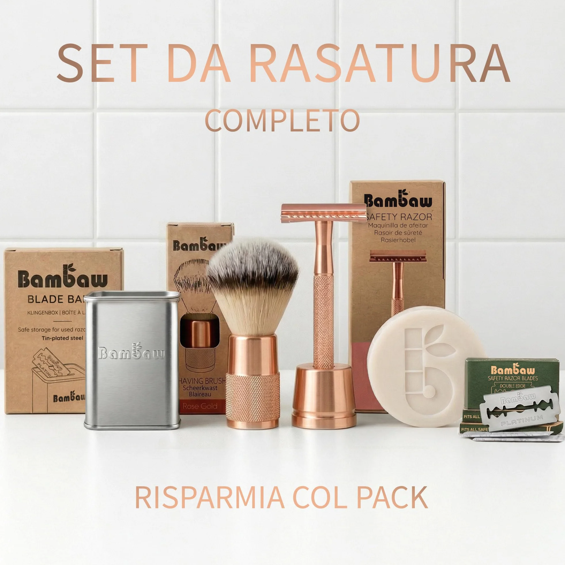 Bambaw Rasoio Sicurezza Donna con 5 Lamette per Rasoio di Sicurezza in Acciaio Inox Svedese Resistente alla Ruggine, Realizzato in Metallo Senza Plastica, Ideale per Tutti i Tipi di Pelle (Oro Rosa)