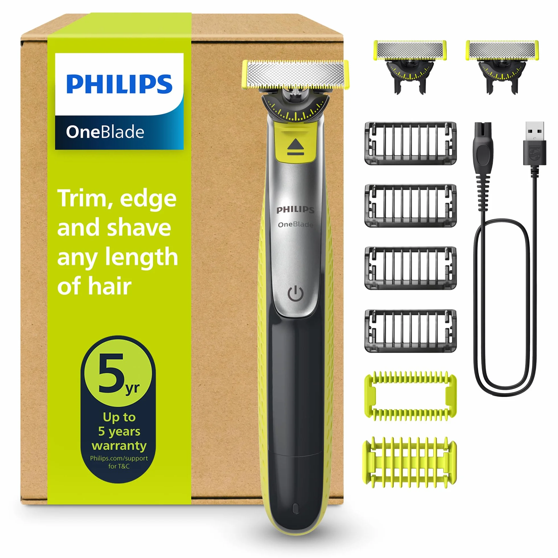 Philips OneBlade QP2834/31 Regolabarba Elettrico 360 Autentico Viso Corpo 3 Lame 4 Pettini Kit Corpo