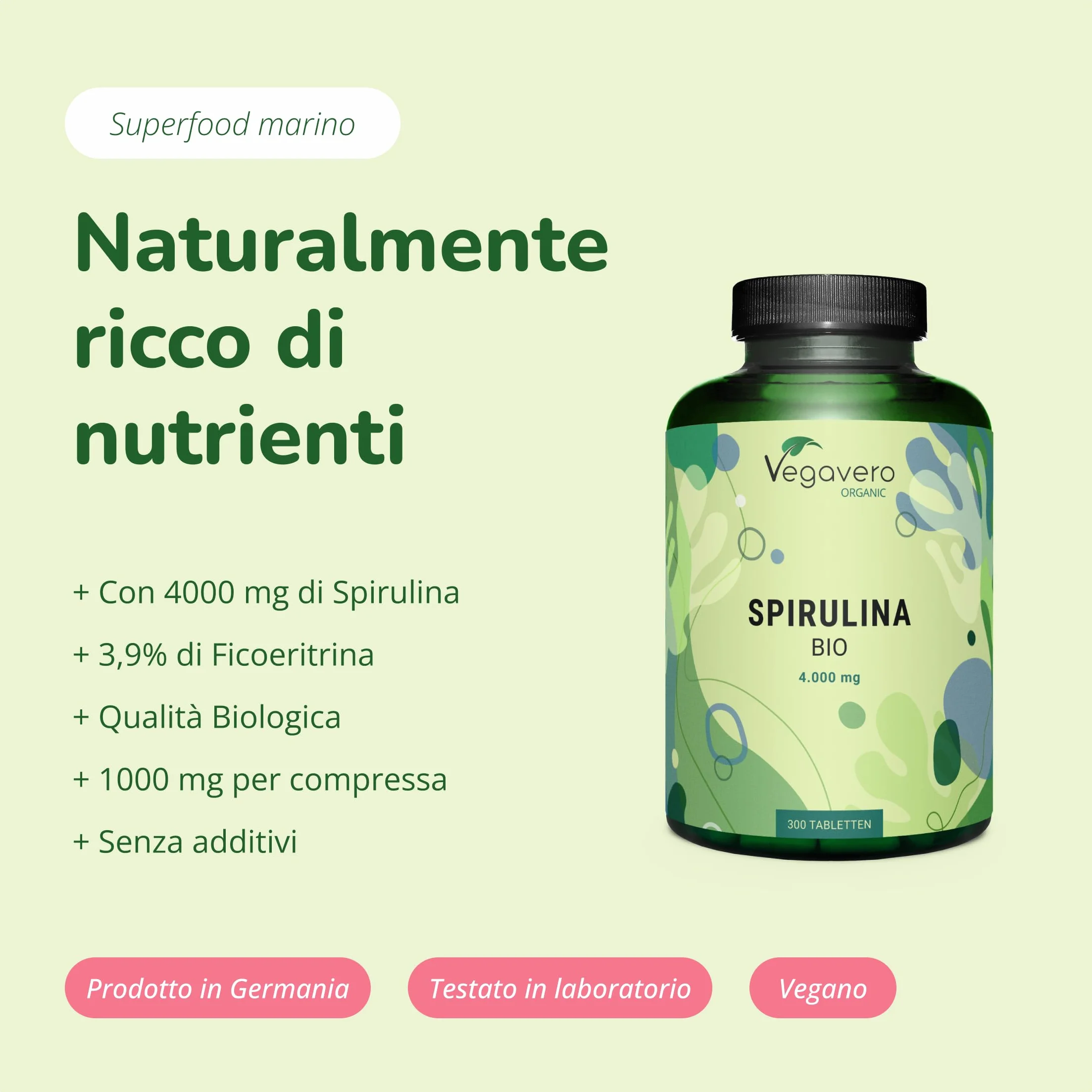 Vegavero® Spirulina Bio 1000 mg 4000 al giorno 3,9% Ficocianina Pura Biologica Platensis