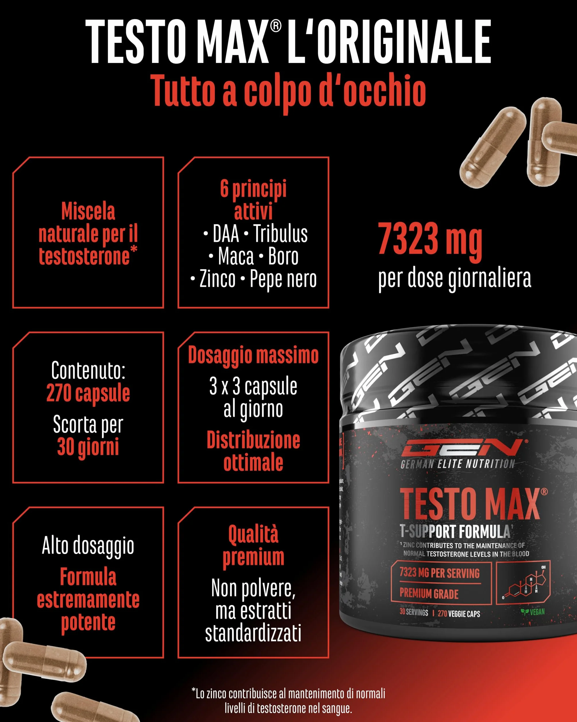 Testo MAX® - 270 Capsule - Extra Alto Dosaggio con 7323 mg per Dose Giornaliera - con Acido D-Aspartico - Tribulus - Estratto di Maca - Boro - Zinco - Aminoacidi - Vegano