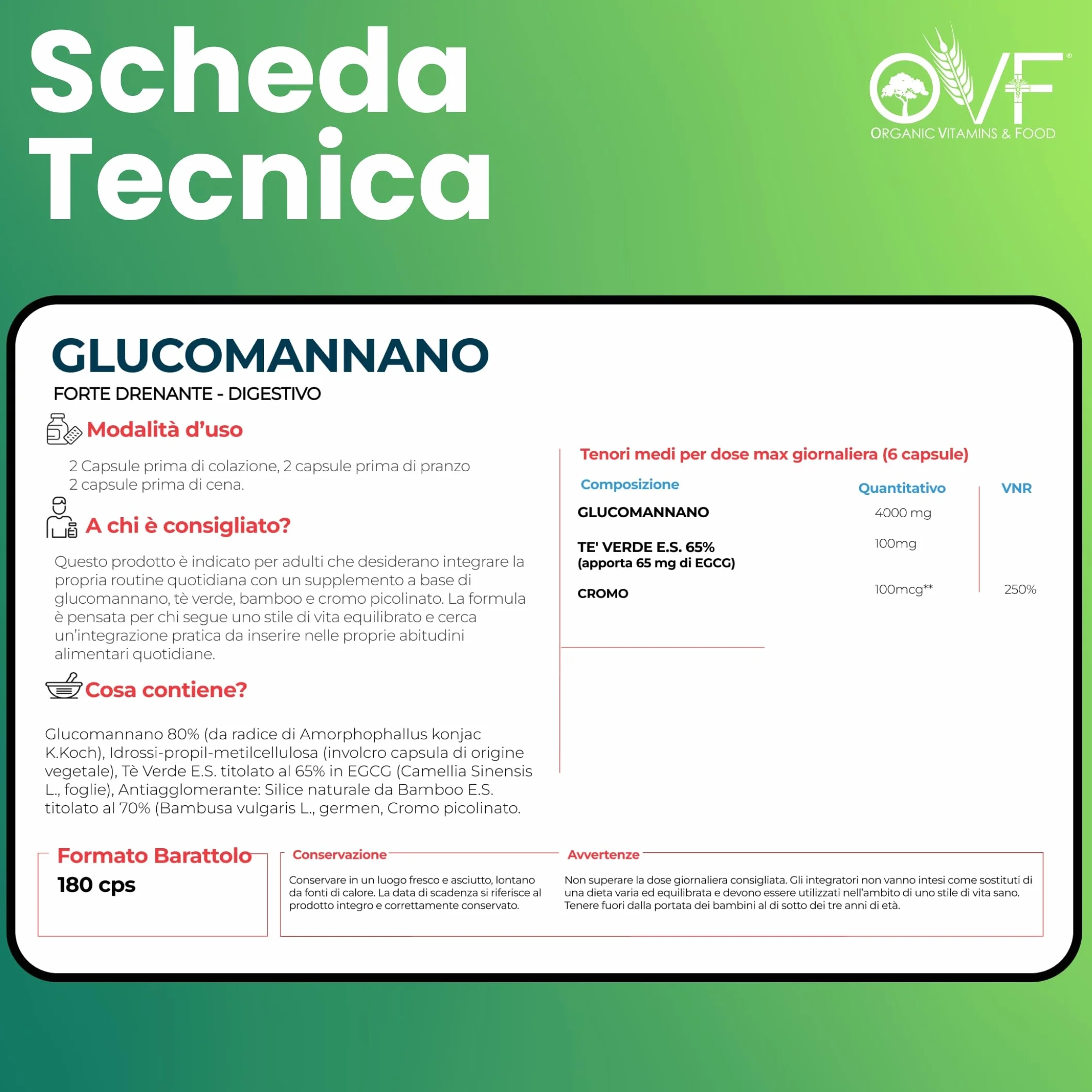 OVF Glucomannano Forte 4000 mg 180 Capsule Integratore Alimentare con Ginkgo Biloba, Vitamina B3 e Cromo, Made in Italy