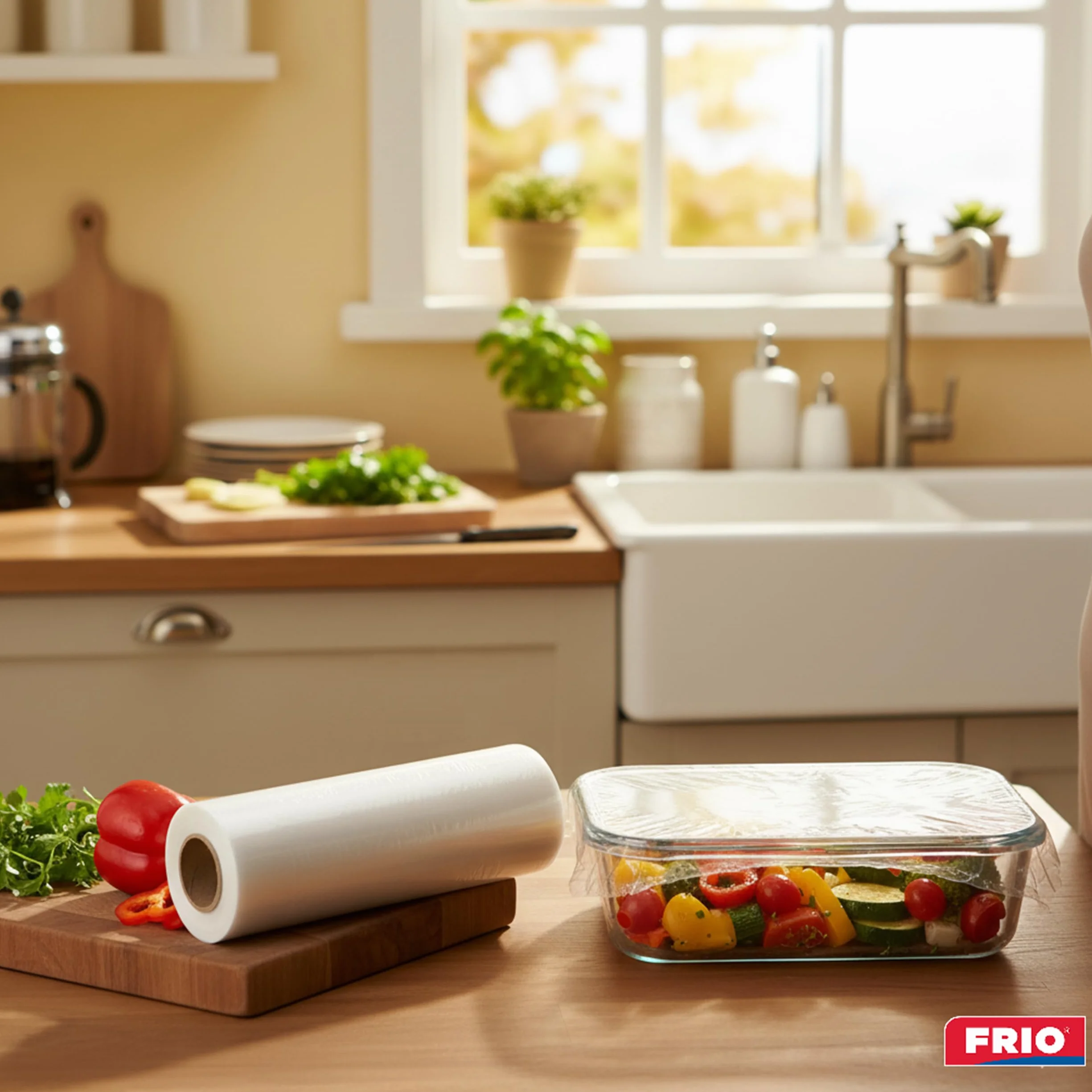 FRIO - 1 Rotolo Pellicola Alimenti 300m - Superaderente - Astuccio Professionale con Seghetto - Elastica e Autosigillante per Conservazione e Avvolgimento - Ideale per contenitori e vaschette metallo