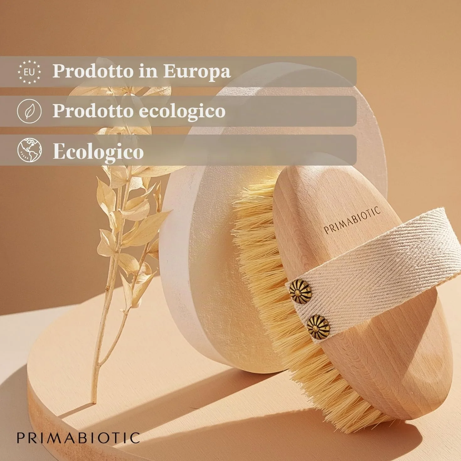 Spazzola per Massaggio Corpo - Primabiotic in Legno di Faggio e Fibre di Agave | Prodotto Ecologico con Custodia | Ideale per Spazzolatura a Secco e Cellulite