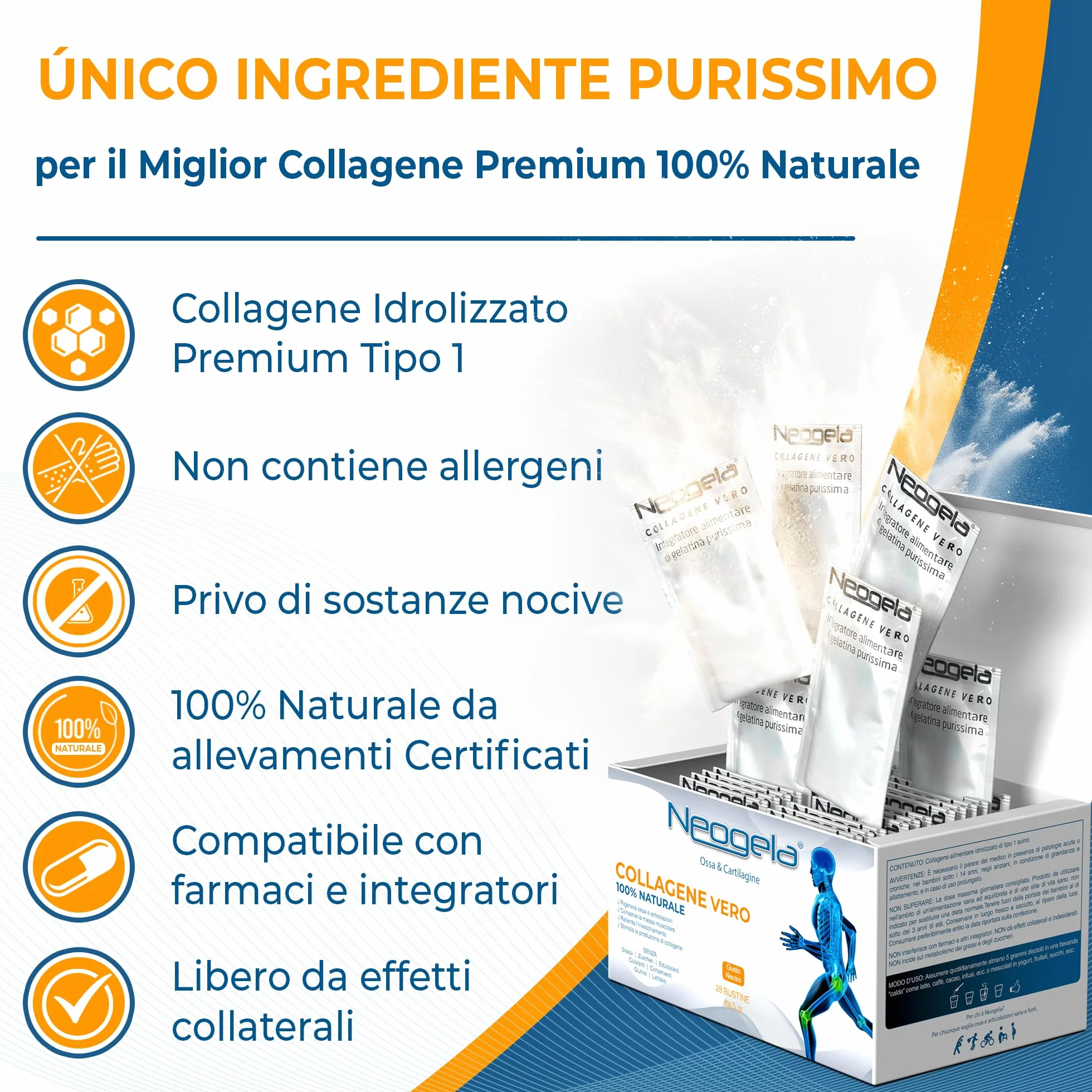 Neogela 98% Collagene Purissimo 140gr 28 Buste 5gr Benessere Osseo e Articolare