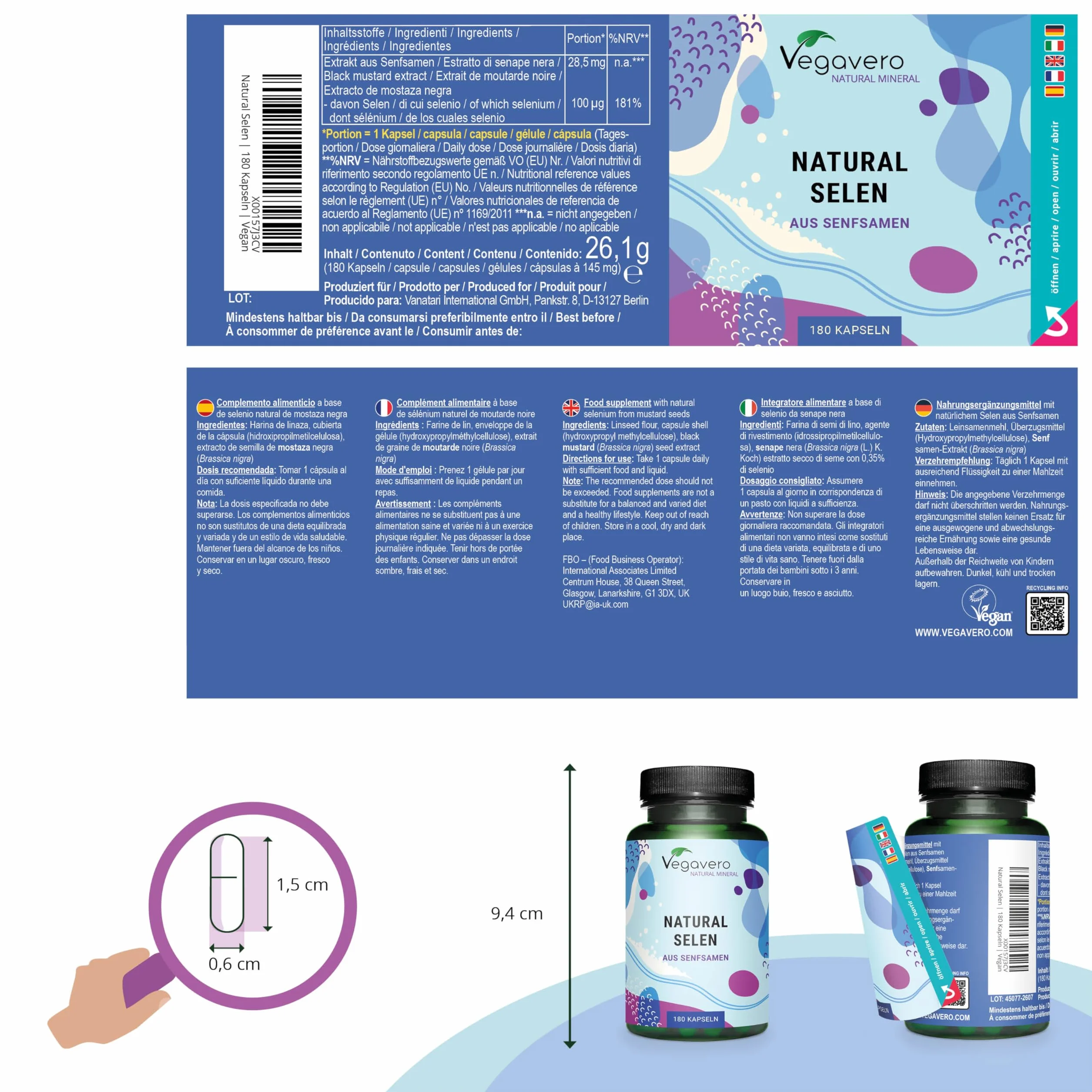 Selenio Integratore | 100 mcg | 100% NATURALE | 180 capsule (6 mesi di fornitura) | Certificato in Laboratorio | Vegan e Senza Additivi Artificiali | Vegavero®