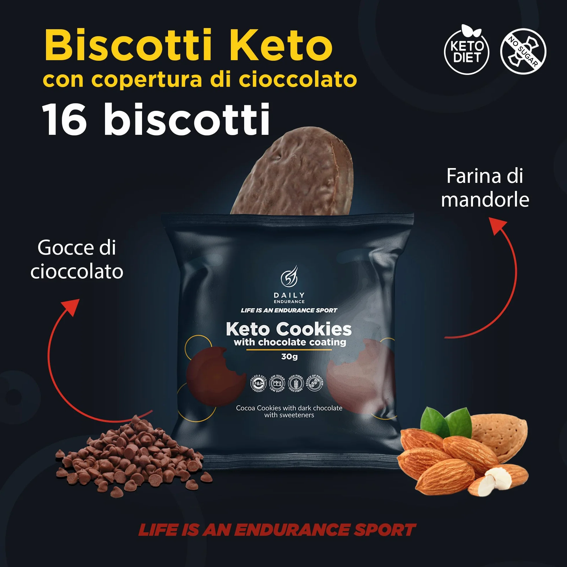 Keto Cookies Senza Zucchero 16 Biscotti Keto Rivestiti di Cioccolato Snack Keto 480g Daily Endurance