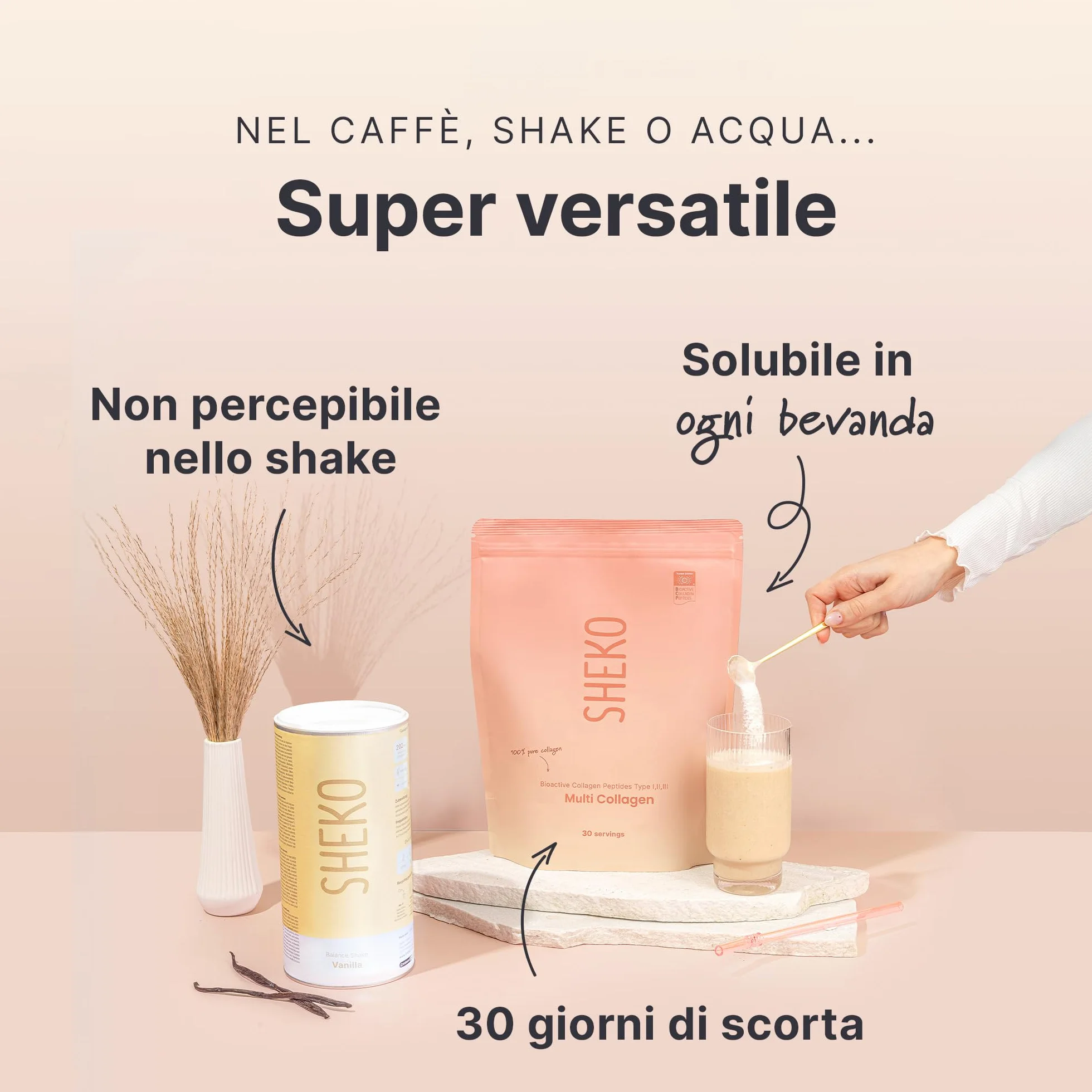 SHEKO Collagene Idrolizzato 450g - Natural Bioactive Collagen Powder - Peptidi di tipo 1, 2, 3