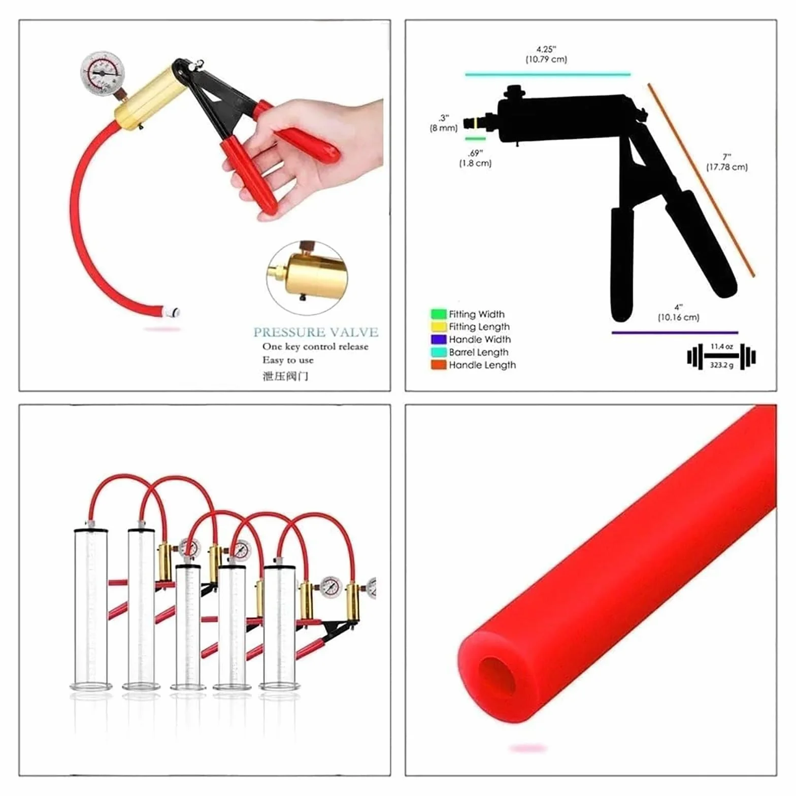 Pompa for pene con manometro a vuoto, manico rosso, pompa manuale for pene uomo, ingrandimento, ingrandimento del con 12 misure for uomo(9 * 1.75in/23 * 4.4cm)