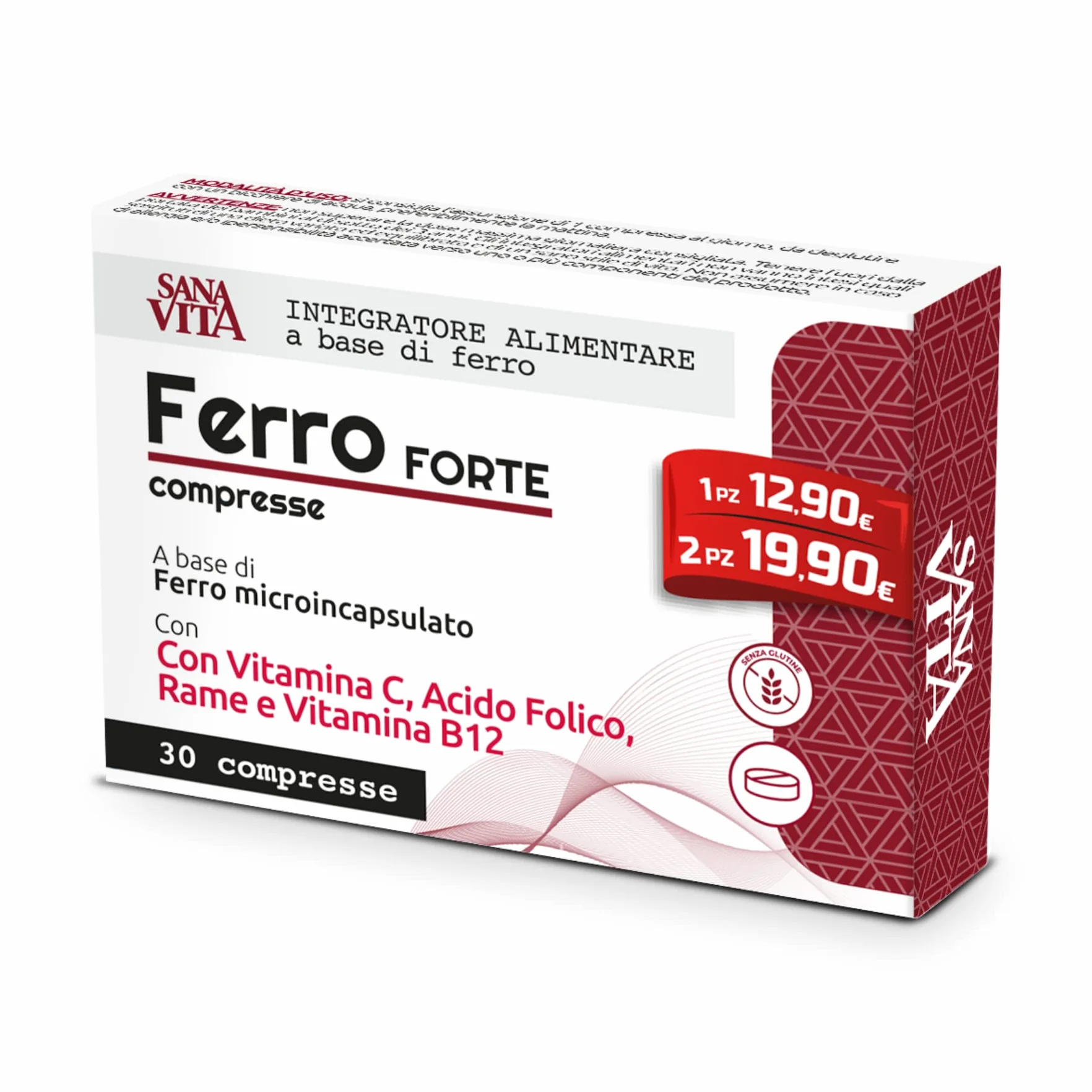 Sanavita Ferro Forte Integratore Alimentare con Ferro Alto dosaggio, Vitamina C, Rame, Acido Folido e Vitamina B12 Alo Dosaggio - 30 compresse