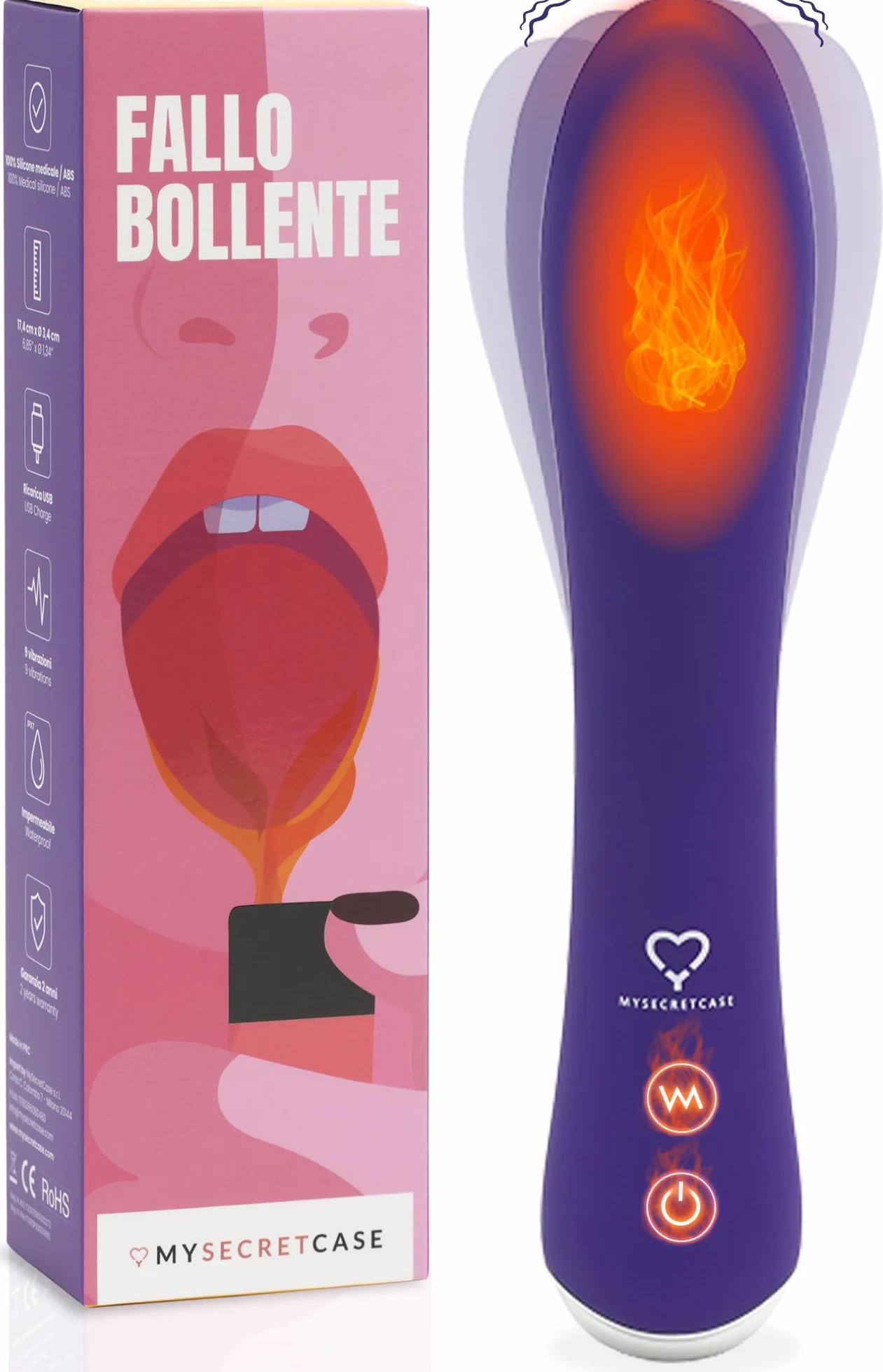MySecretCase Vibratore Professionale Riscaldato 40°, 9 Modalità Vibrazione, Ricaricabile USB, Waterproof