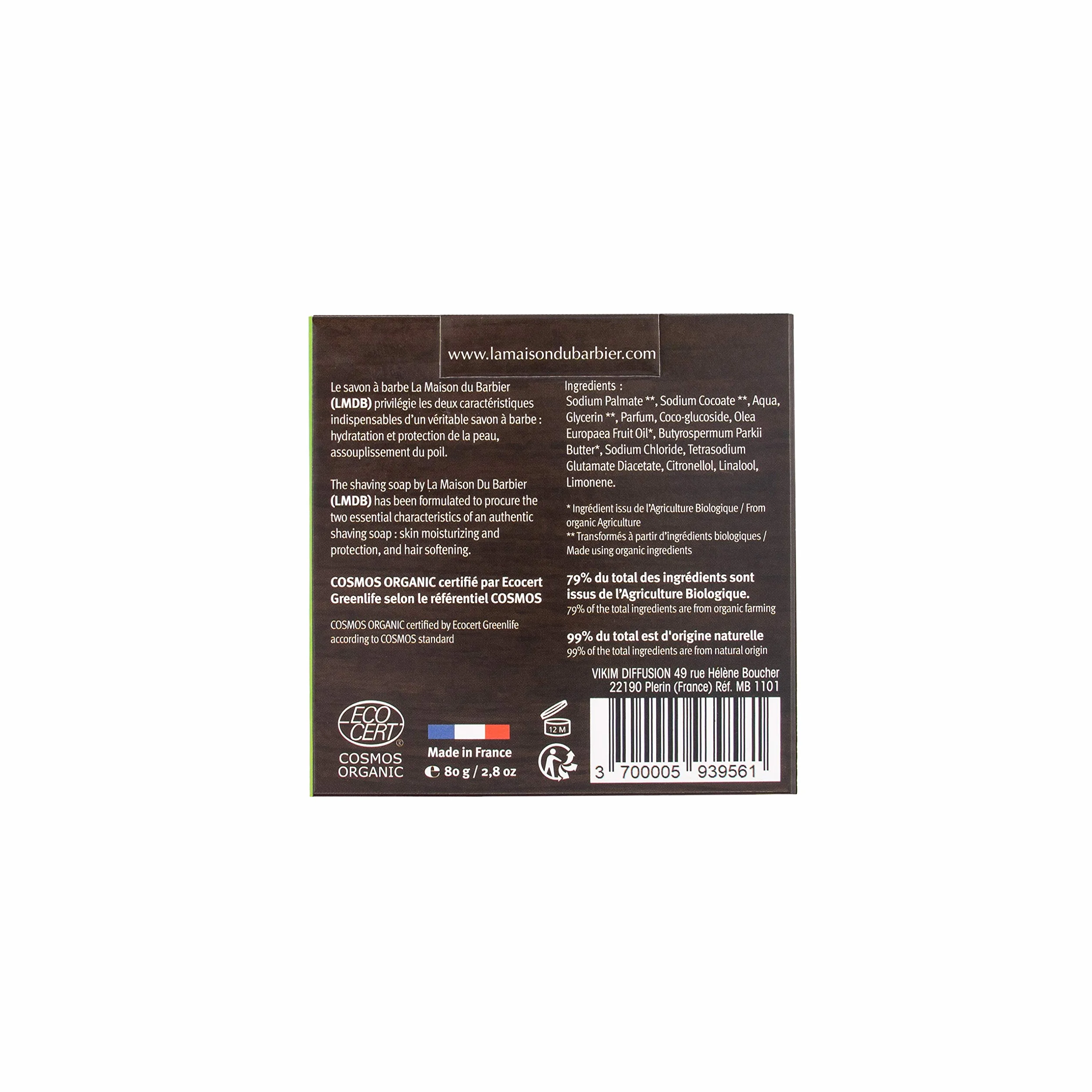 Sapone per barba al burro di karité biologico Ecocert Cosmos Organic - 99% naturale, 79% biologico - Fabbricazione francese - 80 g