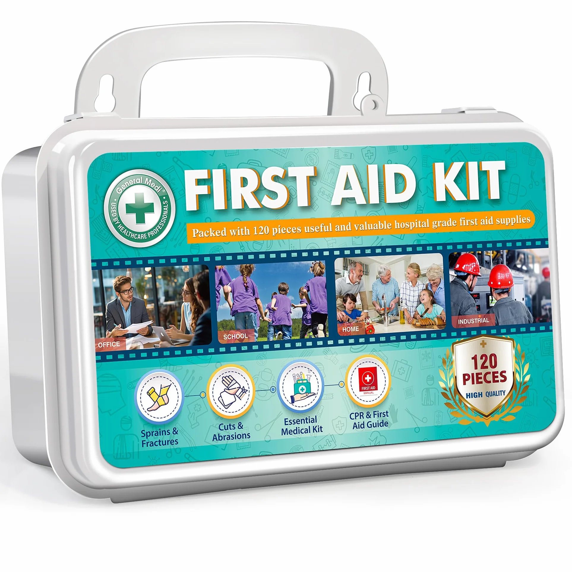 General Medi Set di pronto soccorso – 120 pezzi Premium kit di pronto soccorso per casa, auto, viaggi, ufficio, sport, escursionismo, campeggio, soccorso