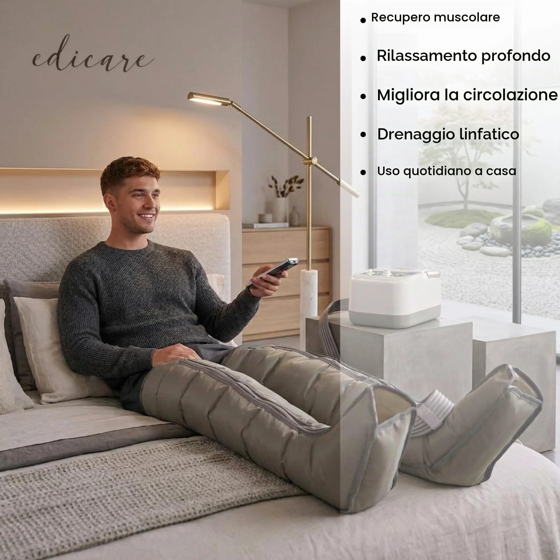 Edicare, Pressoterapia per Casa, Linfodrenaggio, Professionale, Apparecchio Massaggiatore, Gambe e Piedi, Anticellulite, 6 Camere d’aria (Dispositivo e gambali)