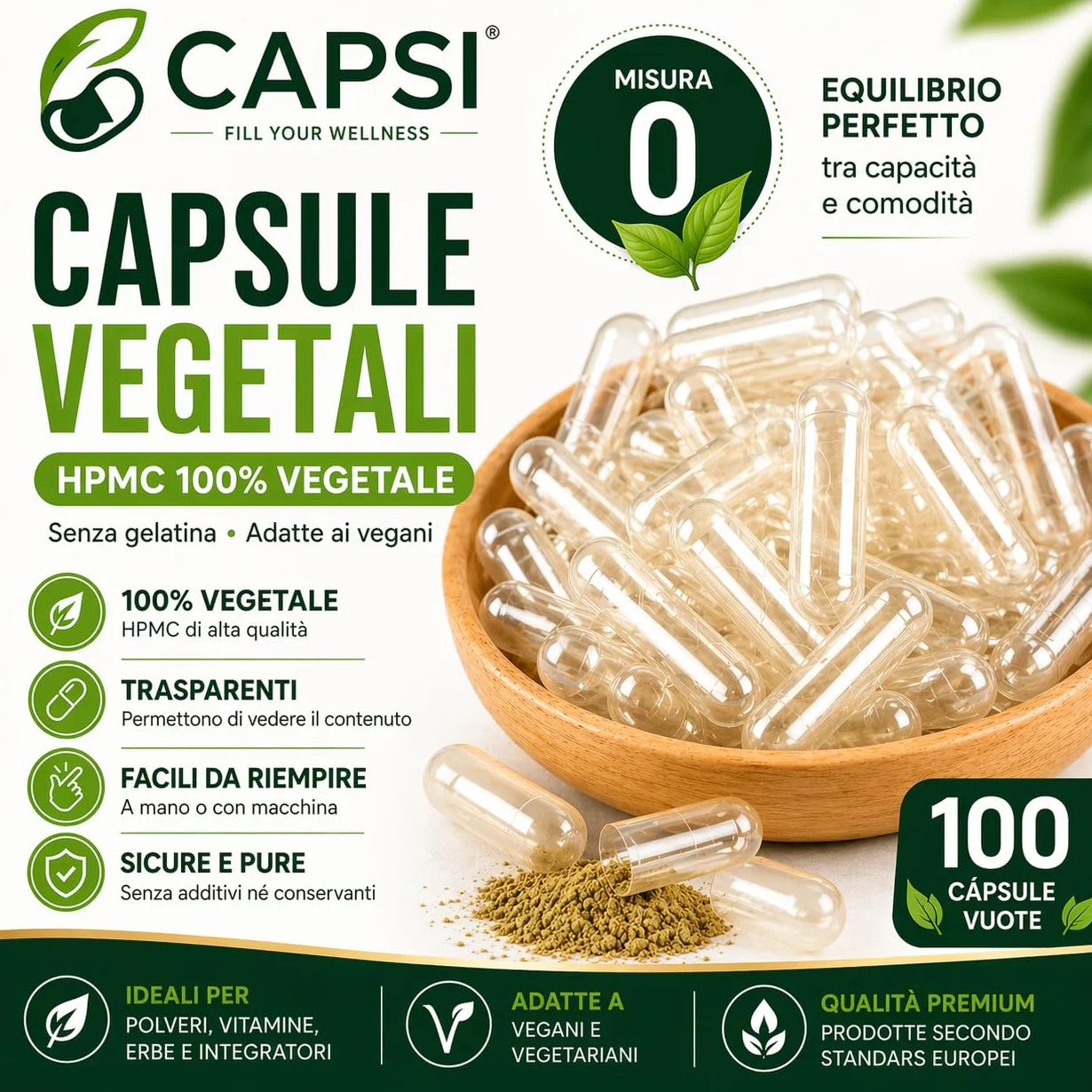 Capsule vegetariane vuote HPMC Dimensioni 0 x 100