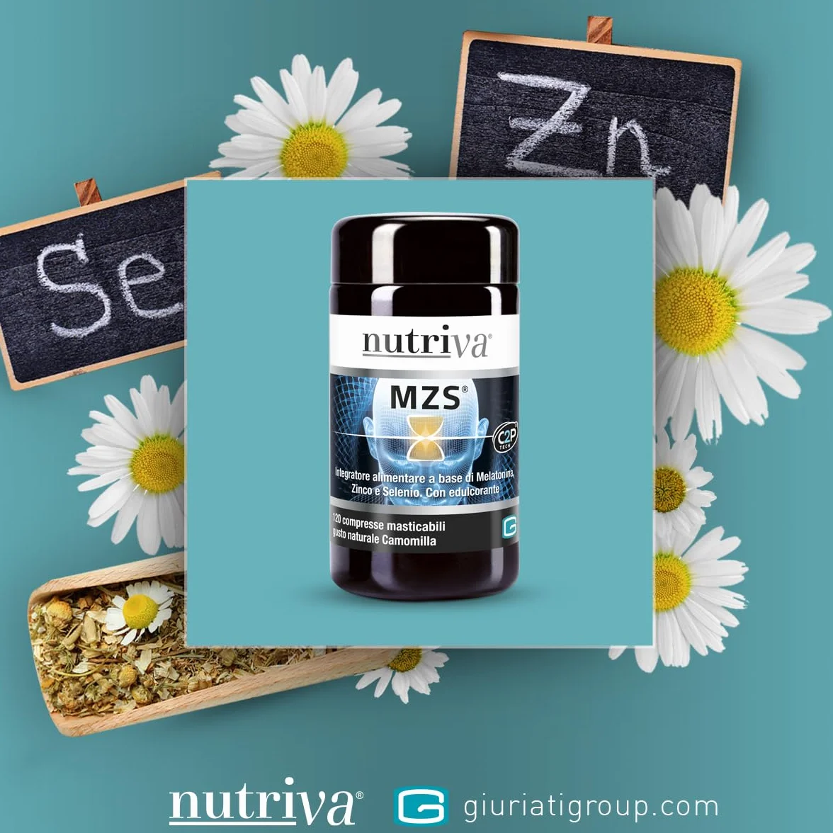 NUTRIVA MZS, Integratore Alimentare Melatonina, Zinco, Selenio, Utile per Dormire, Rilassamento e Benessere Mentale, 1mg di Melatonina, per Vegetariani 120 Compresse Masticabili