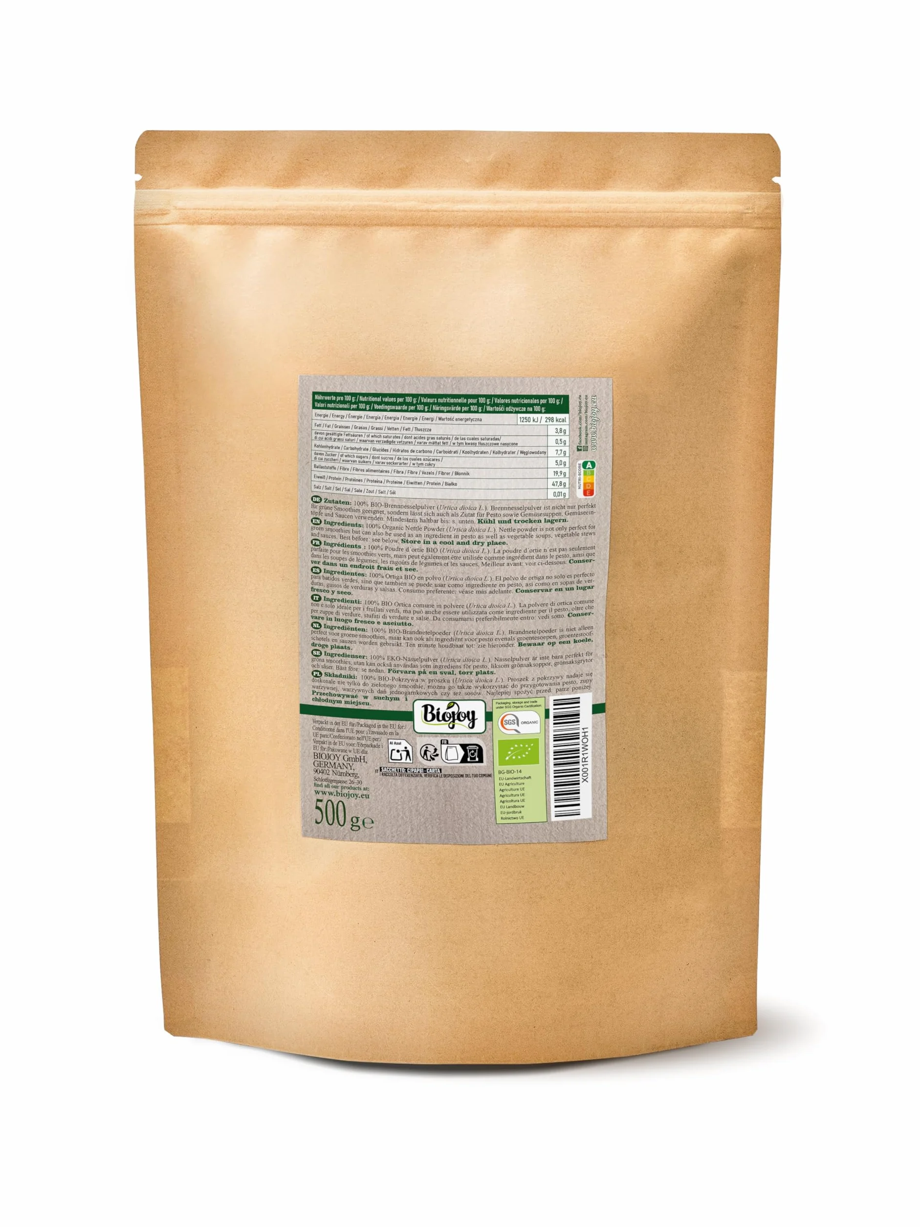 Biojoy Ortica in Polvere BIO 500 g, Foglie di Ortica Essiccate e Macinate, Tè all'ortica