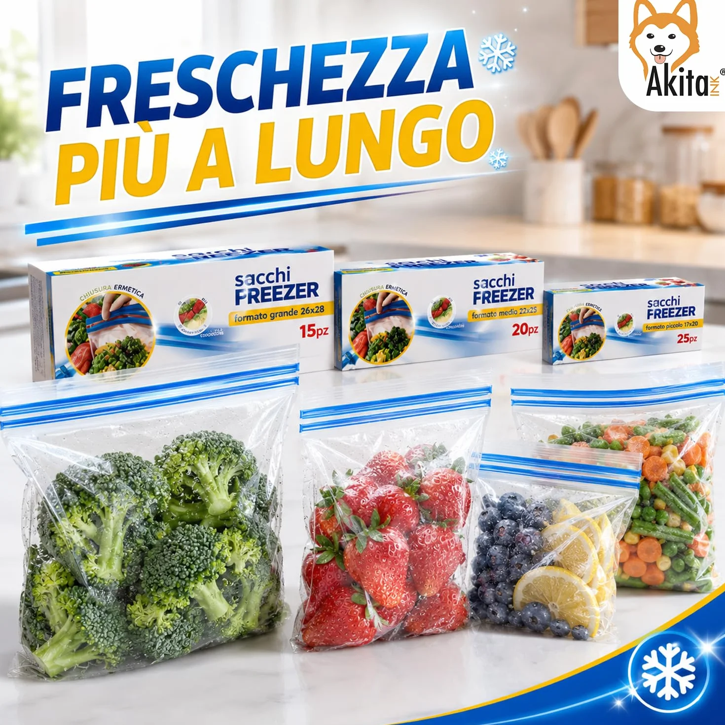 AkitaInk Set 60 Sacchetti Freezer con Chiusura Zip, Buste Gelo Alimentari Richiudibili in 3 Misure Assortite per Conservazione Cibi