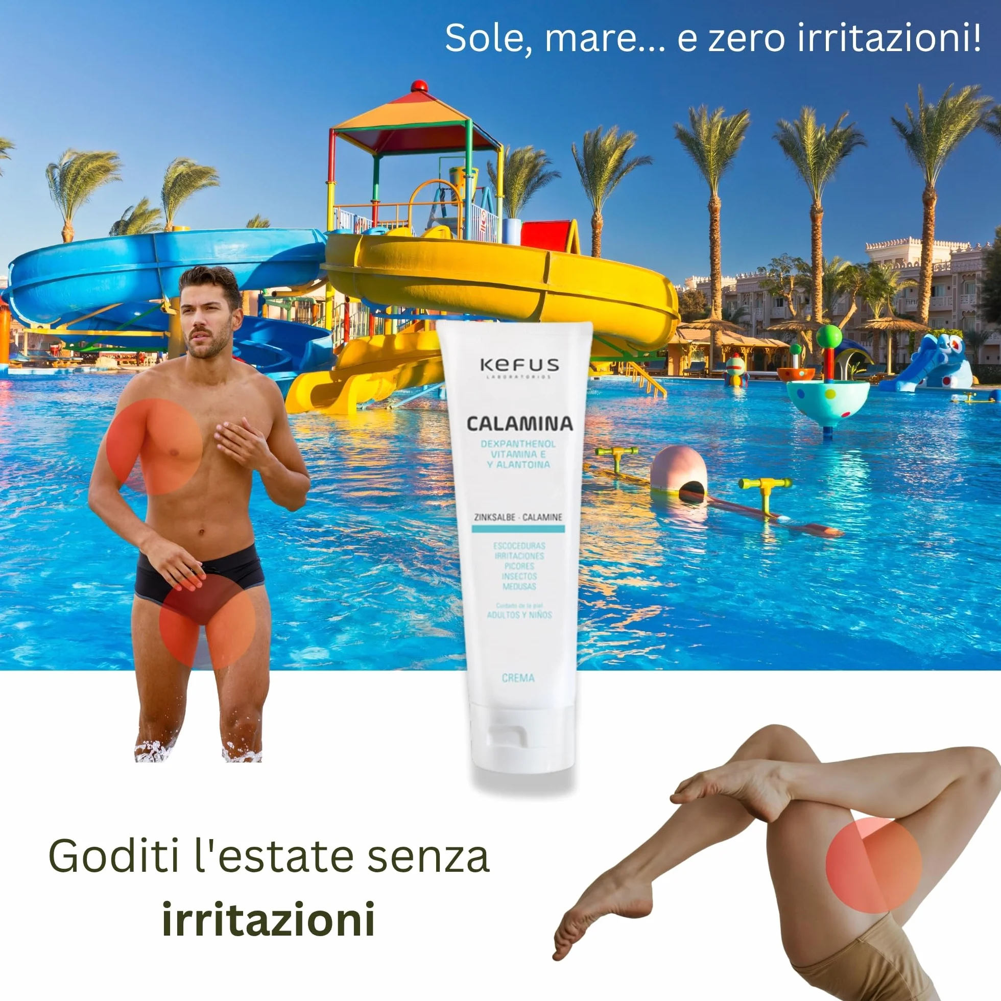 Kefus Crema Calamina con Dexpantenolo, Allantoina e Vitamina E. Astringente, assorbente e protettiva per la pelle. Previene e migliora le eruzioni cutanee, allevia le punture di insetti e meduse. 75 g