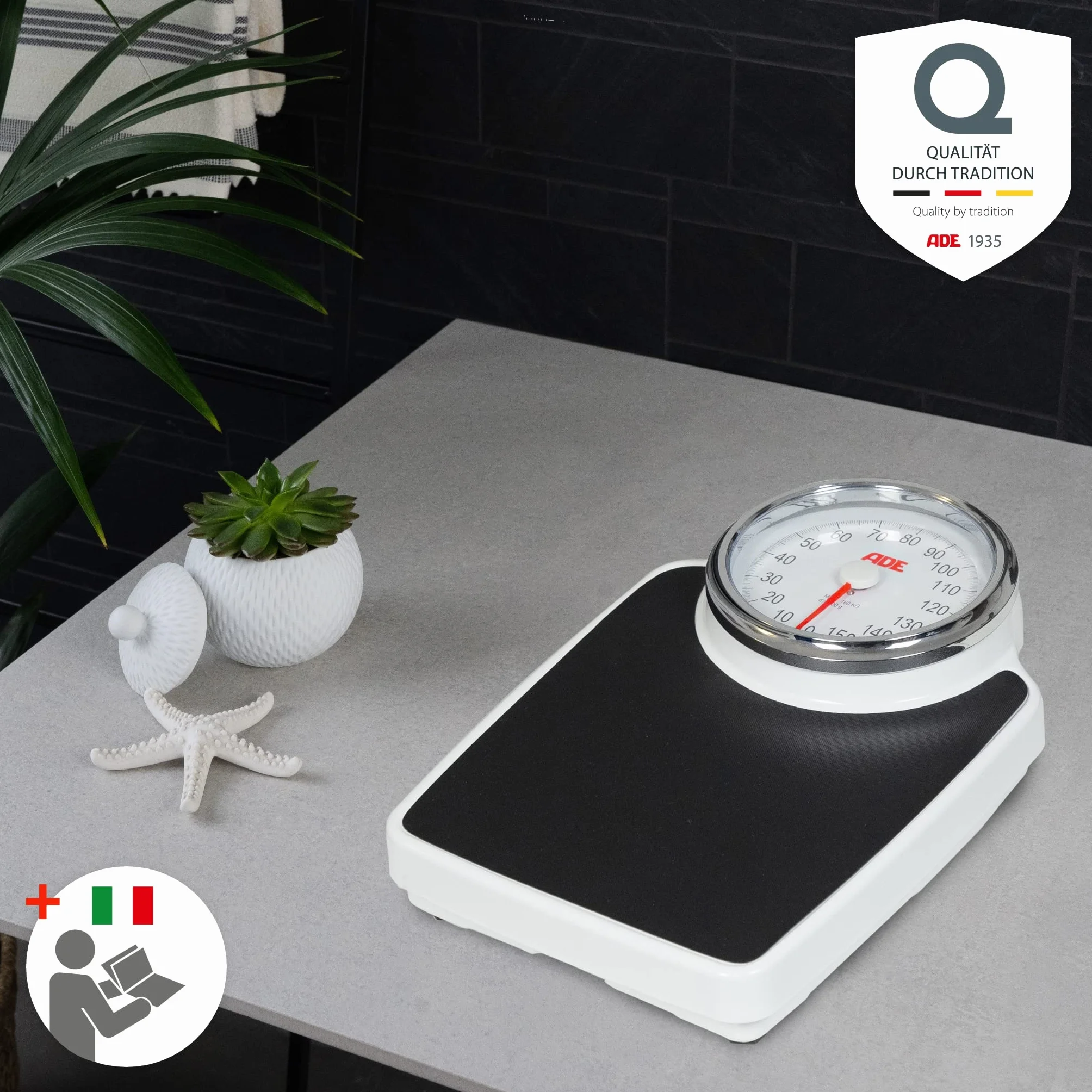 ADE Bilancia pesapersone analogica XL senza batteria | superficie antiscivolo | molto precisa | per piedi grandi | bilancia pesapersone meccanica dal design classico | fino a 160 kg