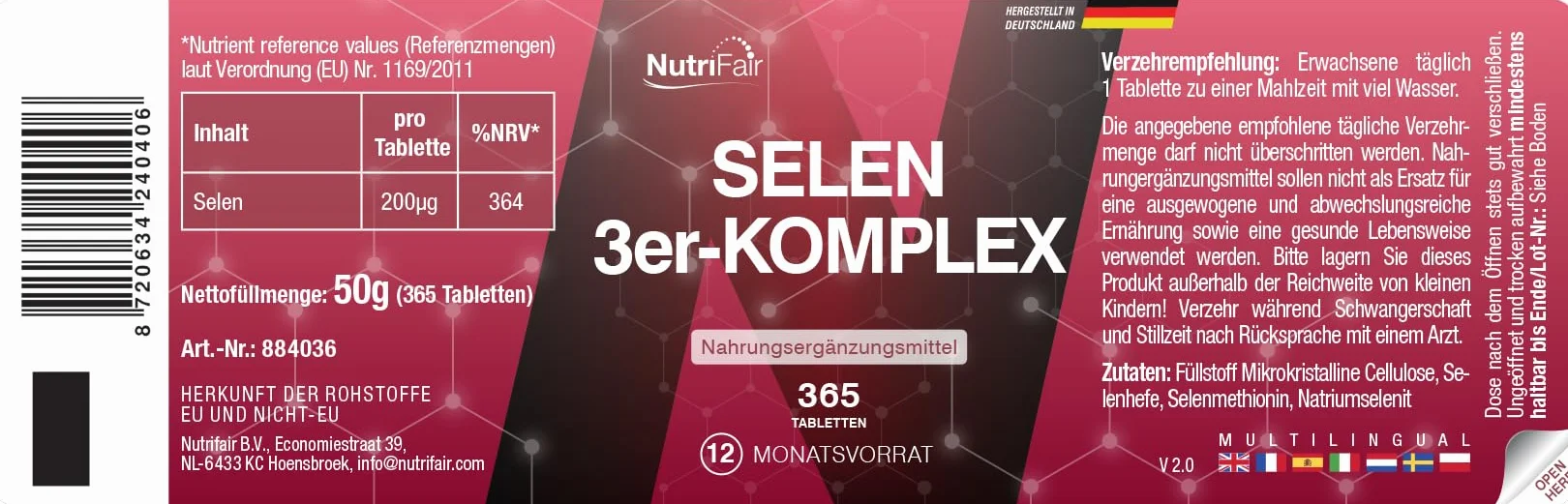 Selenium 3-complex - 365 compresse, contenente 200µg - Complesso di lievito di selenio, selenometionina e selenito di sodio - Dosaggio elevato - 100% vegano - Produzione tedesca e test di laboratorio