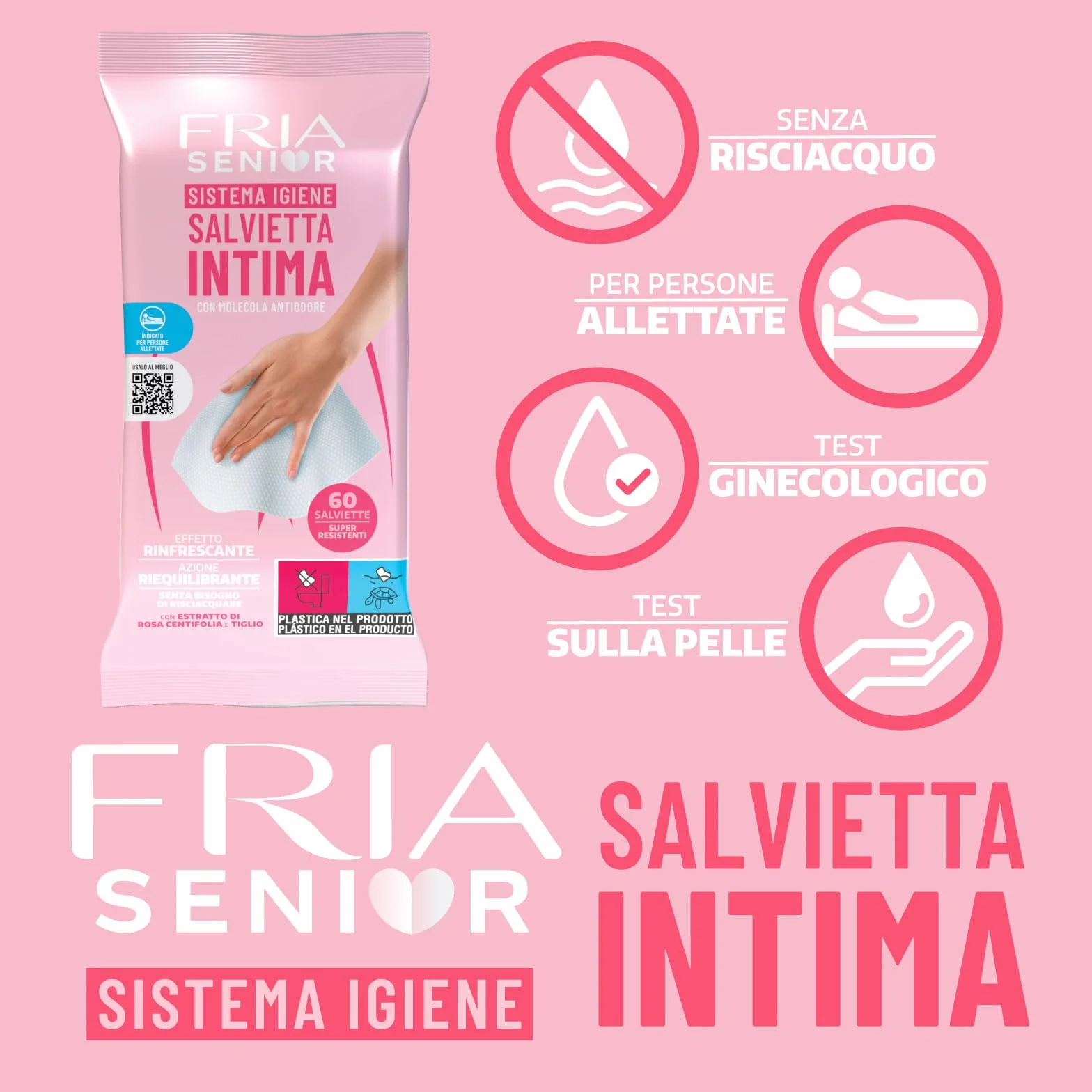 Salviette per l’Igiene Intima degli Anziani - con Estratti di Rosa Centifolia e Tiglio - Azione Riequilibrante - Antiodore - Formato: 60 Salviette - FRIA Senior (Confezione da 4)