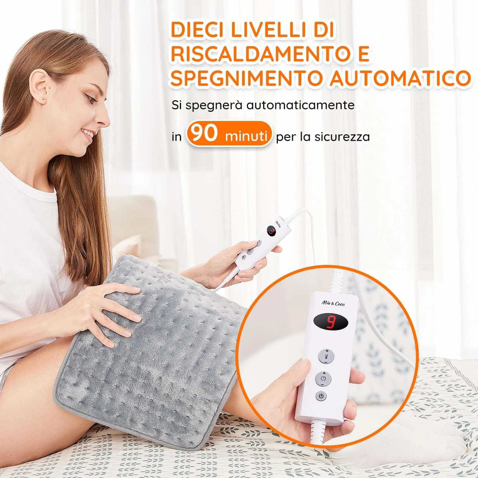 Cuscino Termoforo Elettrico Riscaldante 60x30cm, per alleviare il dolore, schiena collo spalle addome braccia e gambe, Spegnimento automatico in 90 minuti, 10 livelli di calore, lavabile in lavatrice