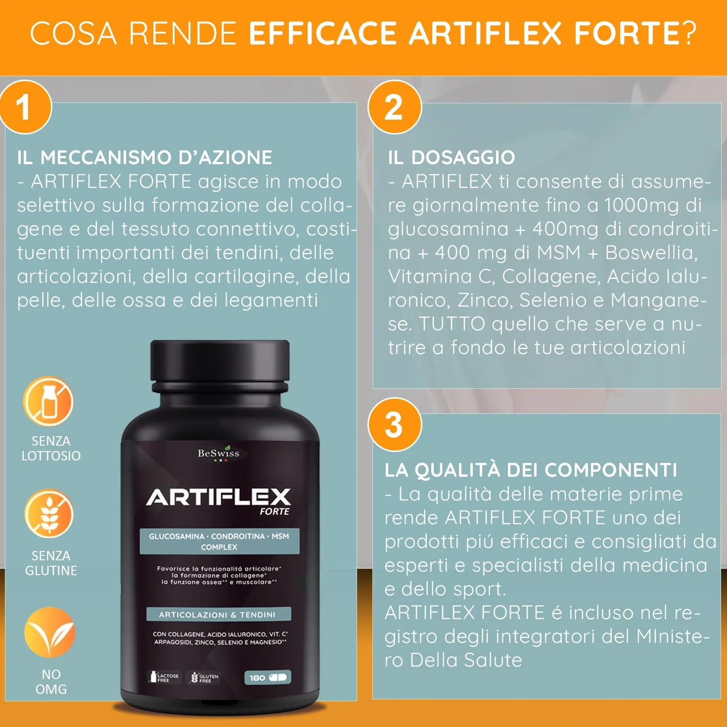Artiflex Glucosamina Condroitina MSM - 180 Capsule Integratore per Ossa Articolazioni Cartilagine | con Collagene, Acido Ialuronico, Boswellia, Vitamine e Minerali | Alto Dosaggio