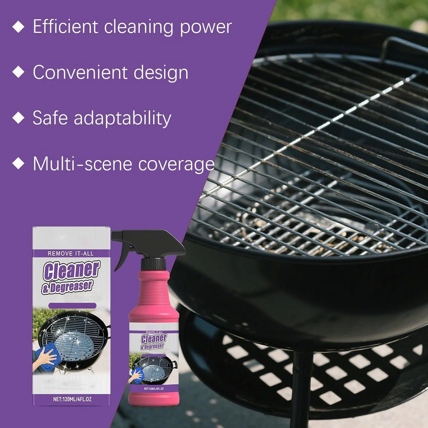 Fast-Acting Heavy-Duty Grill Degreaser Spray, 120ml BBQ Grill Cleaner for Outdoor Grills, Heavy Duty Degreaser Cleaner Spray, All Purpose Heavy Oil Cleaning Agent for Barbecue Grills (1set)